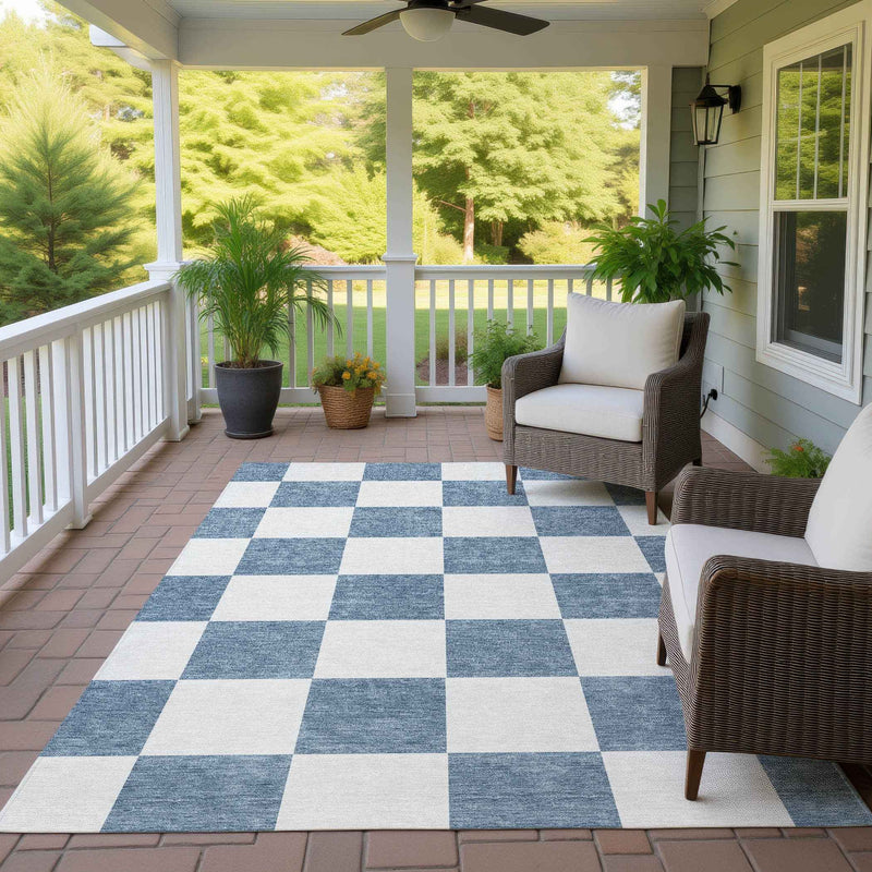 8' X 10' Denim Blue And Ivory Geometric Washable Indoor Outdoor Area Rug