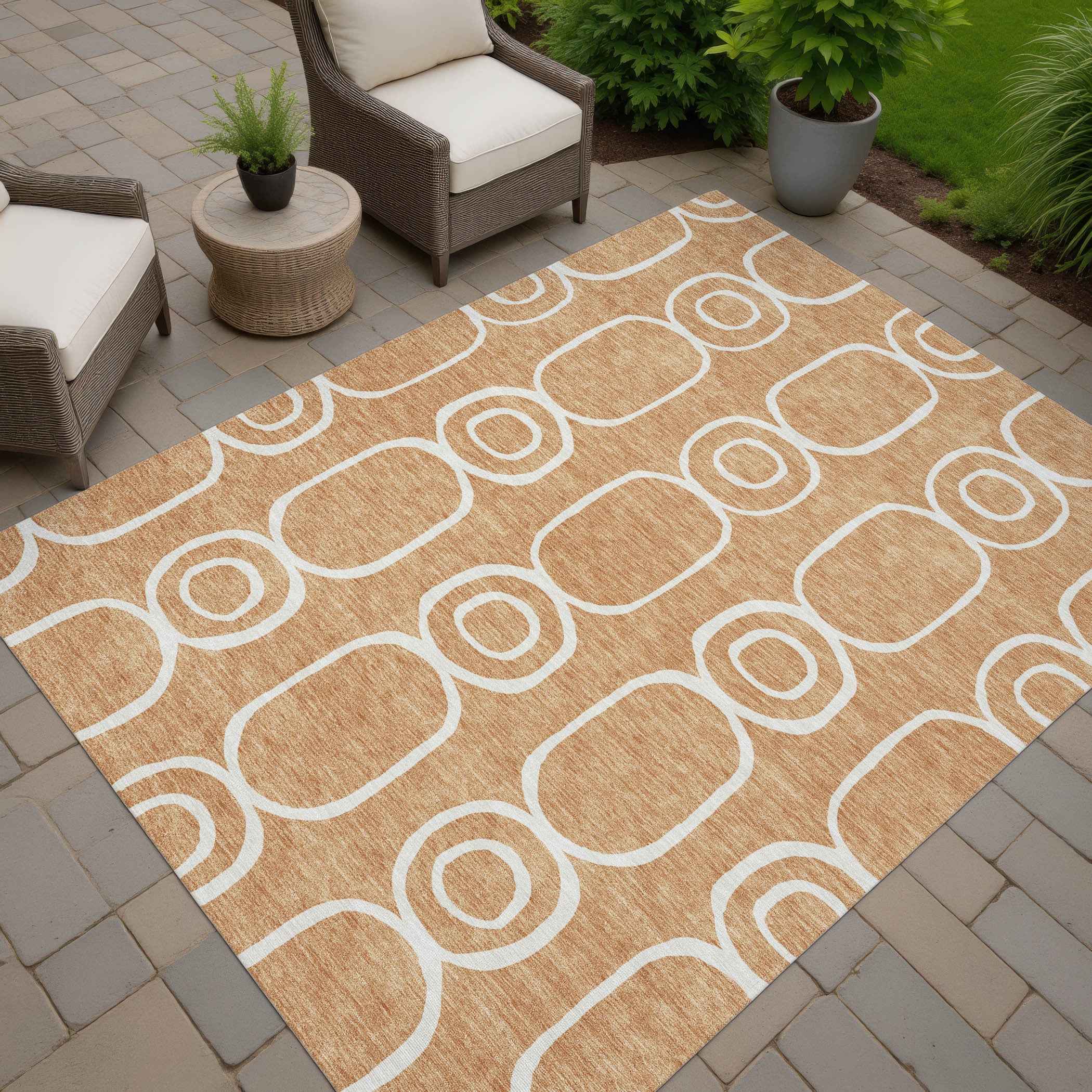 8' X 10' Rust And Ivory Geometric Washable Indoor Outdoor Area Rug