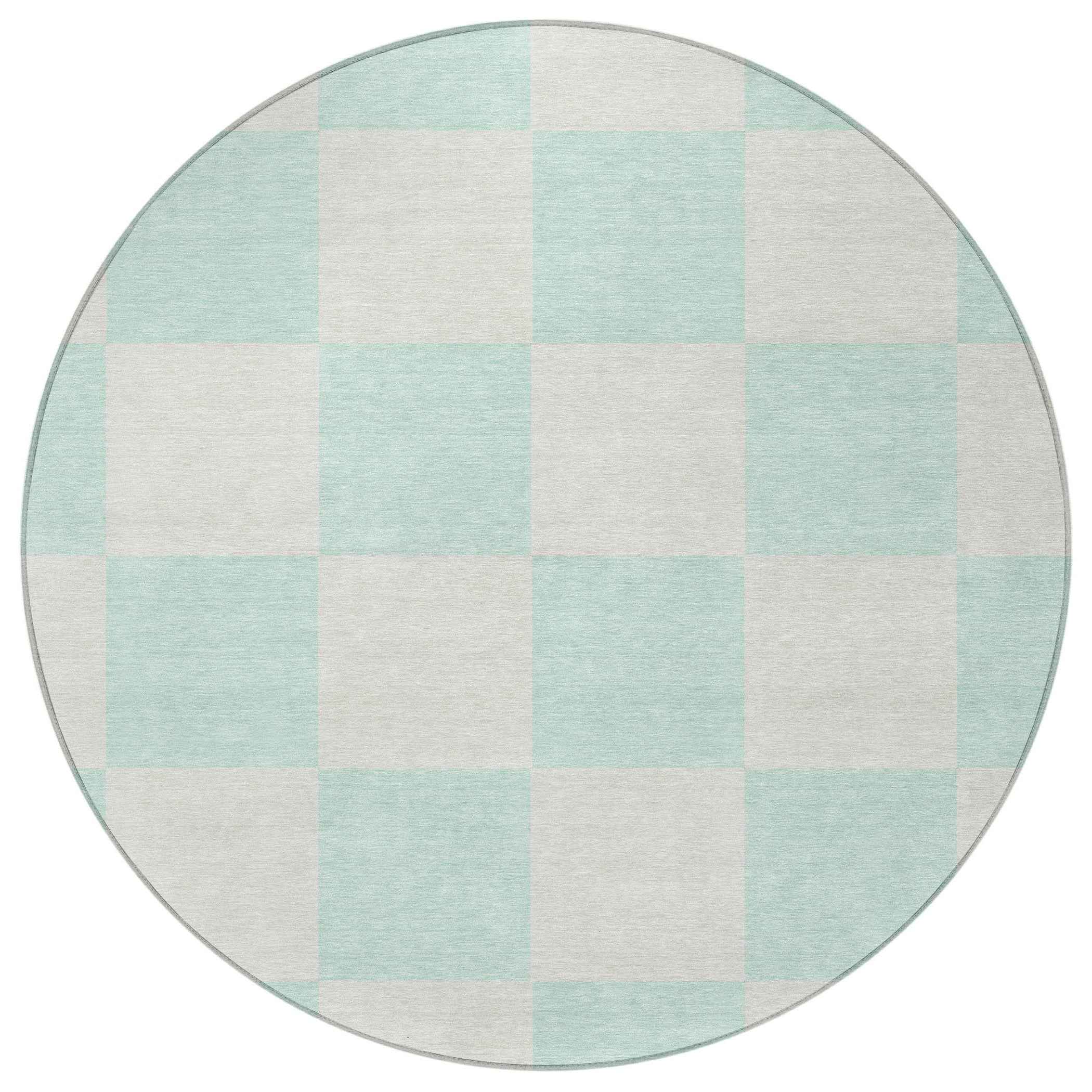 8' Mint Green And Ivory Round Geometric Washable Indoor Outdoor Area Rug
