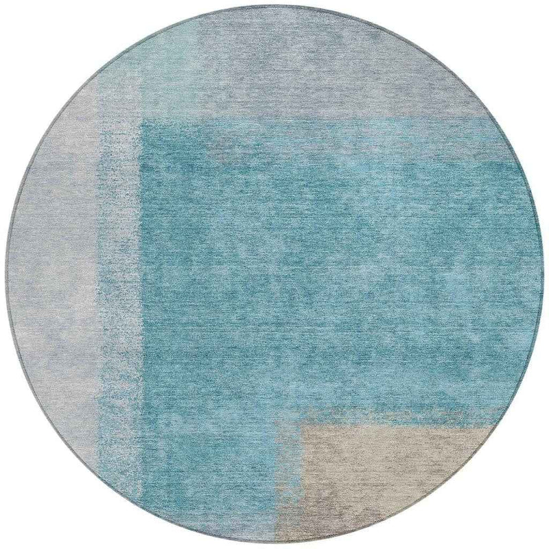 8' Teal Blue Ivory And Gray Round Abstract Washable Indoor Outdoor Area Rug