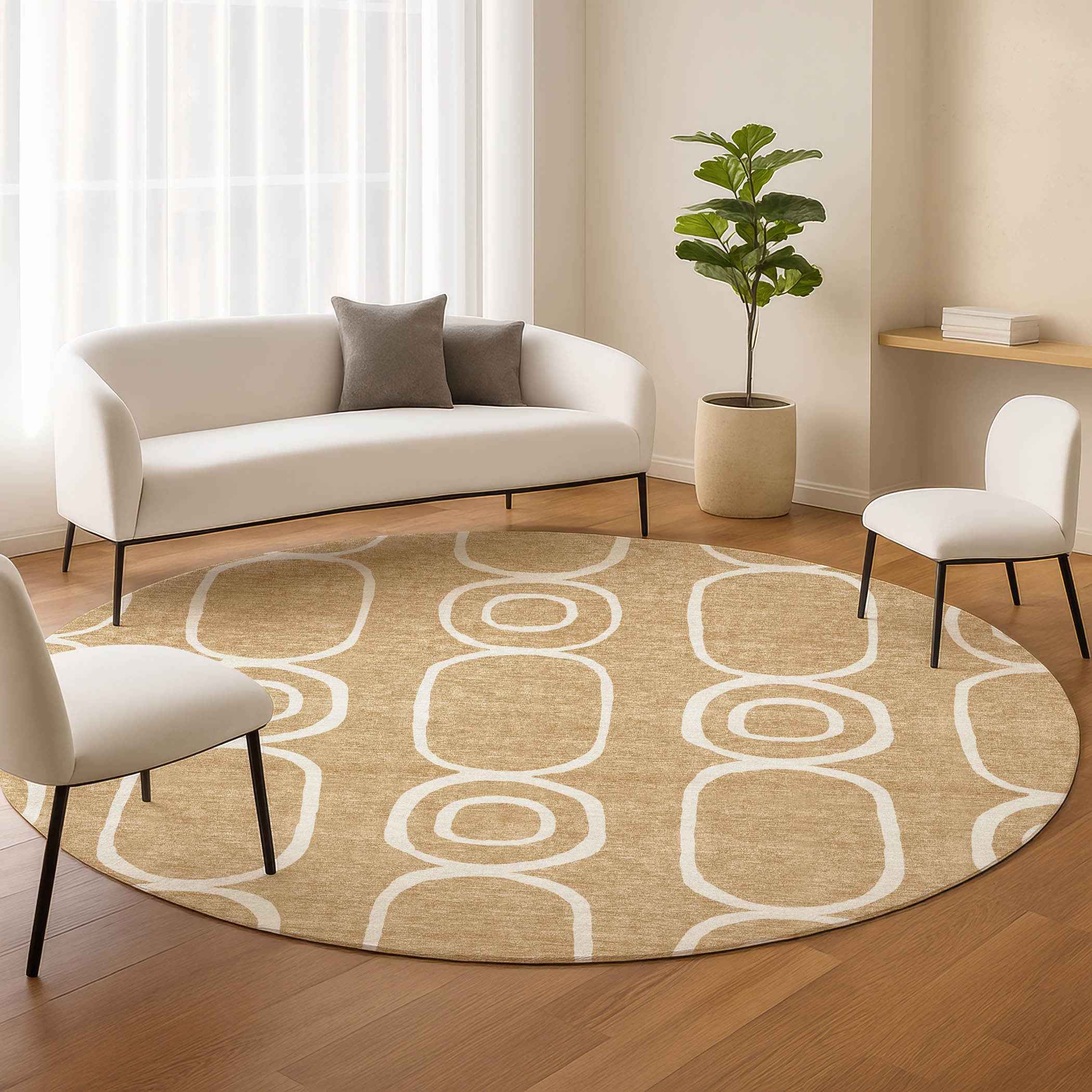 8' Gold And Ivory Round Geometric Washable Indoor Outdoor Area Rug