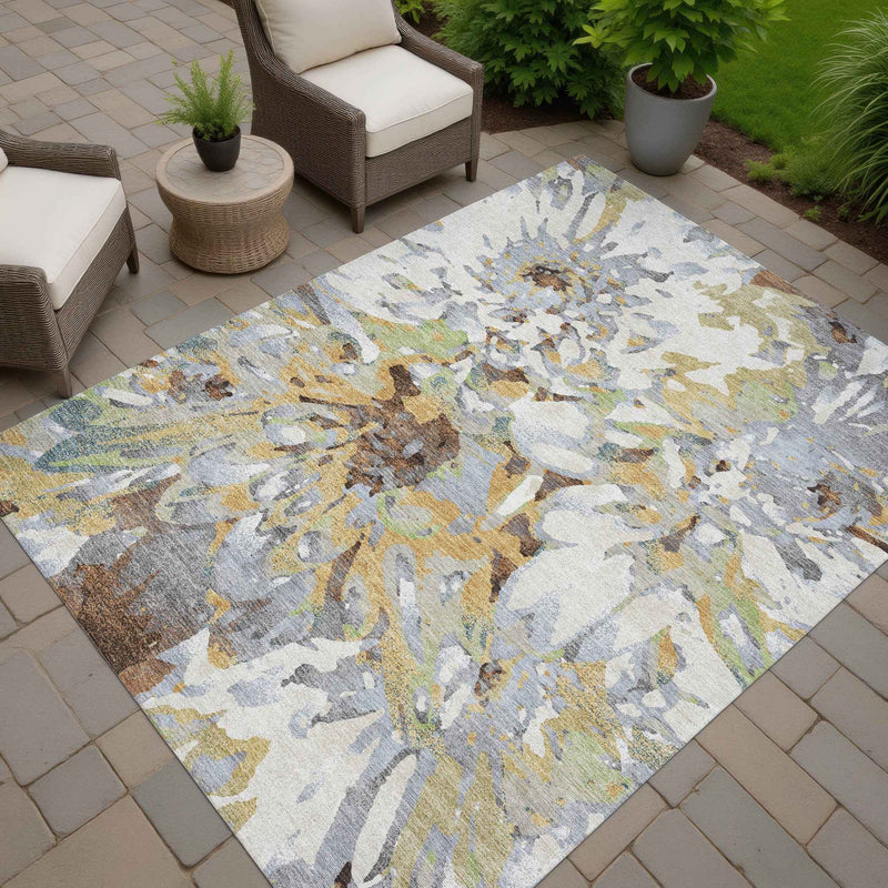 3' X 5' Wheat Ivory And Gray Floral Washable Indoor Outdoor Area Rug