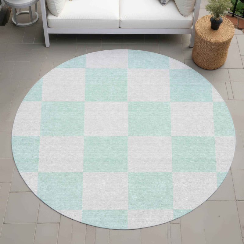 8' Mint Green And Ivory Round Geometric Washable Indoor Outdoor Area Rug
