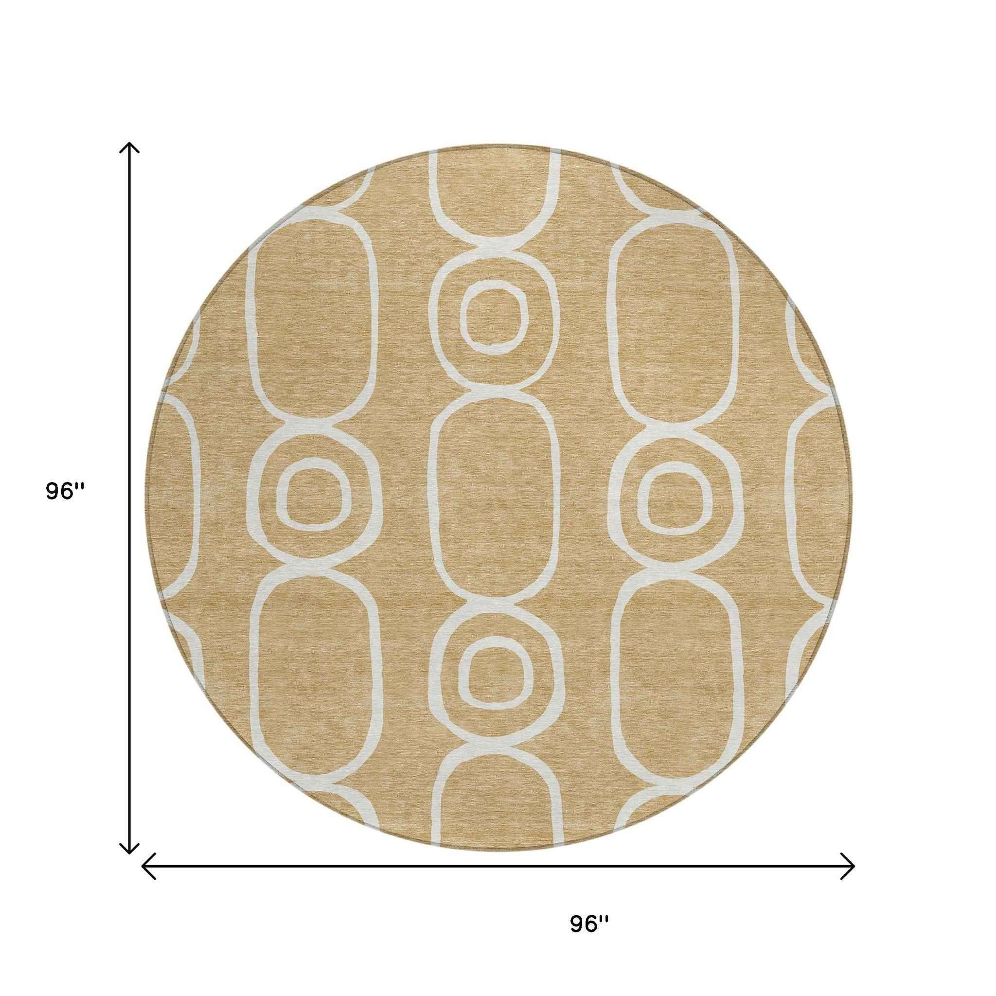 8' Gold And Ivory Round Geometric Washable Indoor Outdoor Area Rug