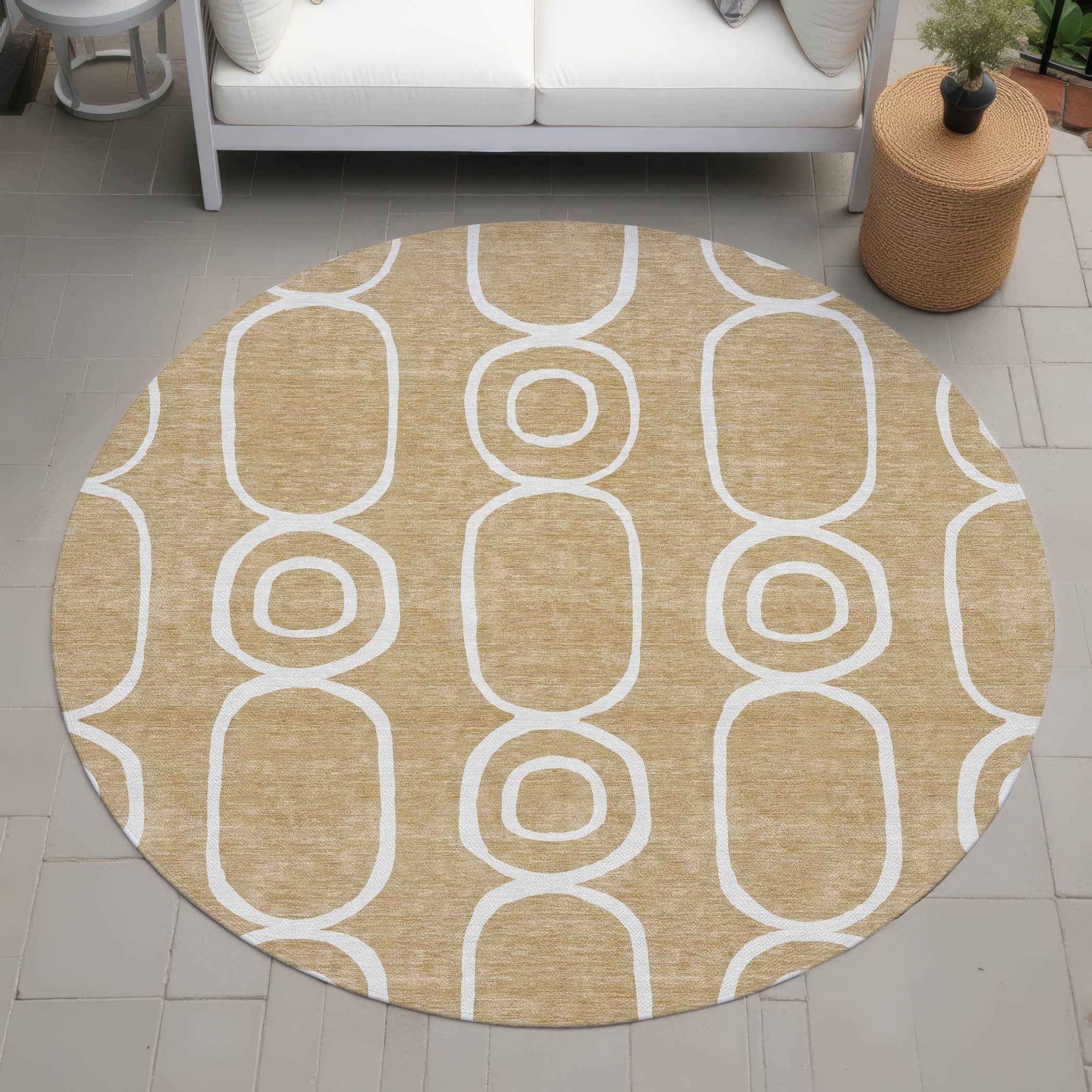 8' Gold And Ivory Round Geometric Washable Indoor Outdoor Area Rug