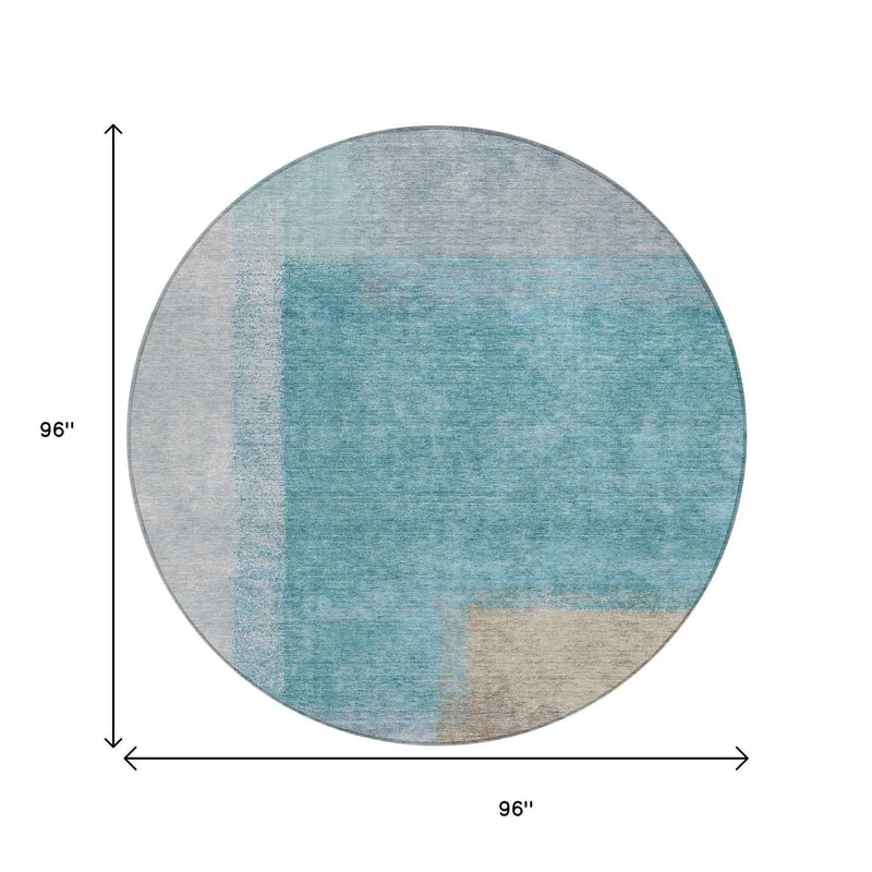 8' Teal Blue Ivory And Gray Round Abstract Washable Indoor Outdoor Area Rug