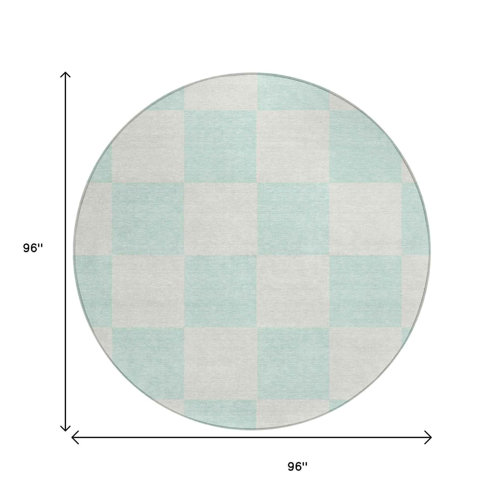 8' Mint Green And Ivory Round Geometric Washable Indoor Outdoor Area Rug