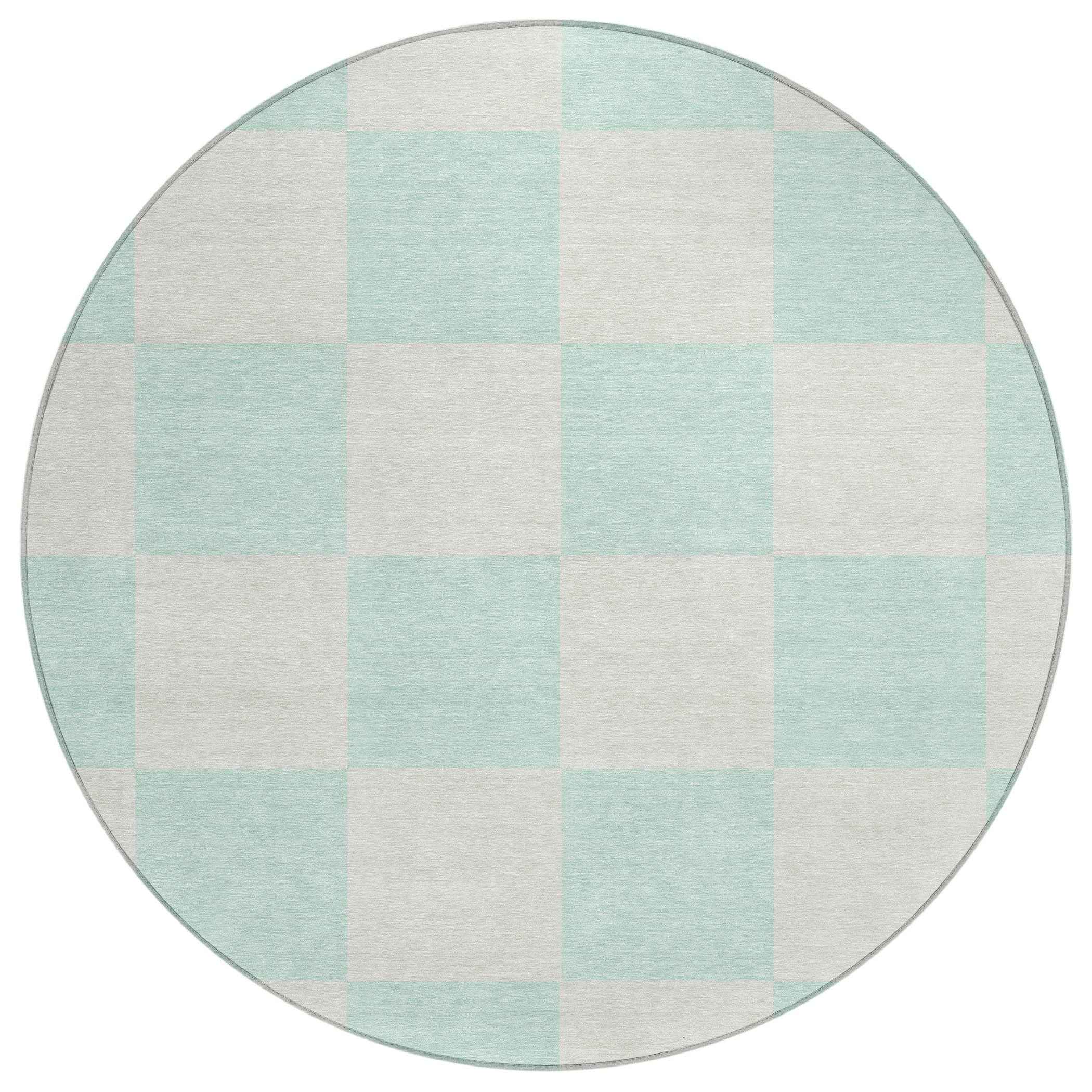 8' Mint Green And Ivory Round Geometric Washable Indoor Outdoor Area Rug