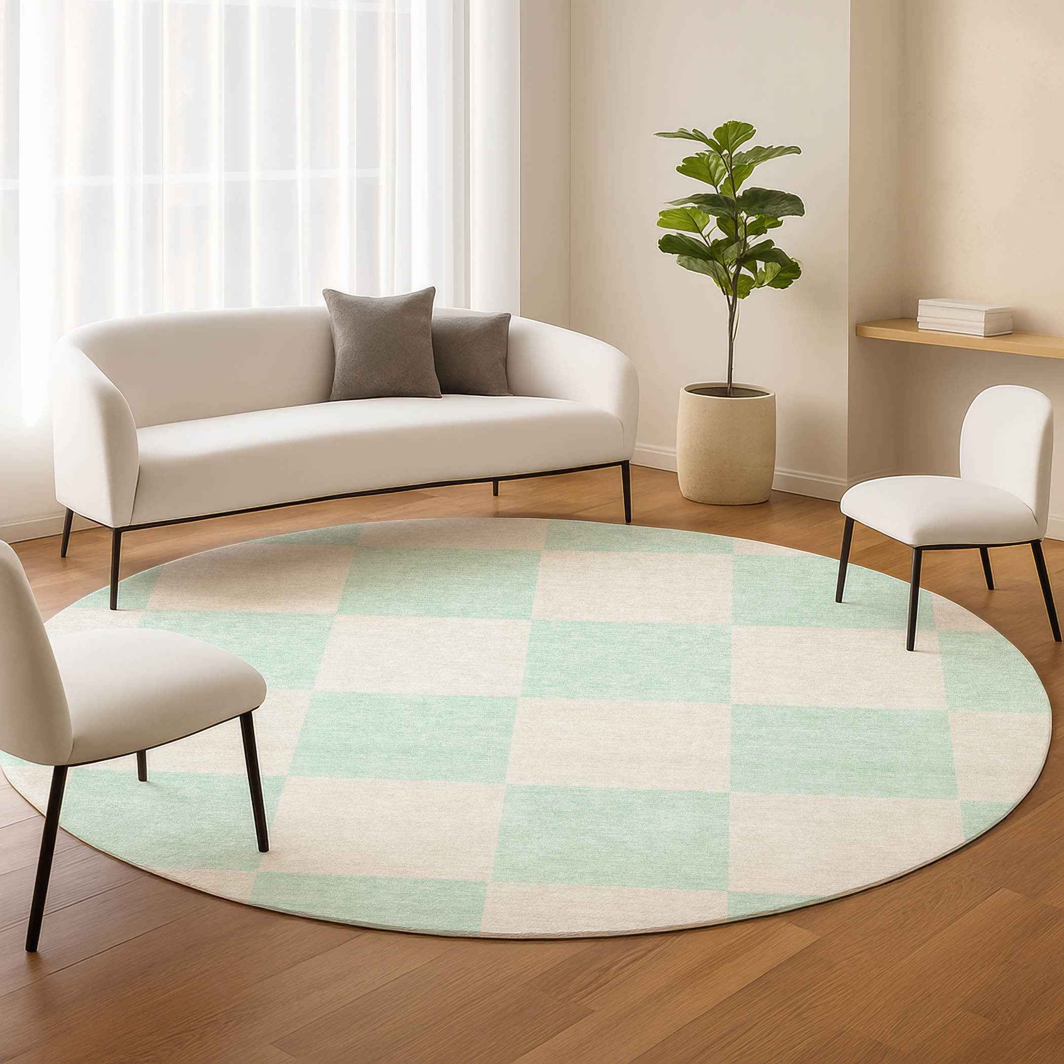 8' Mint Green And Ivory Round Geometric Washable Indoor Outdoor Area Rug