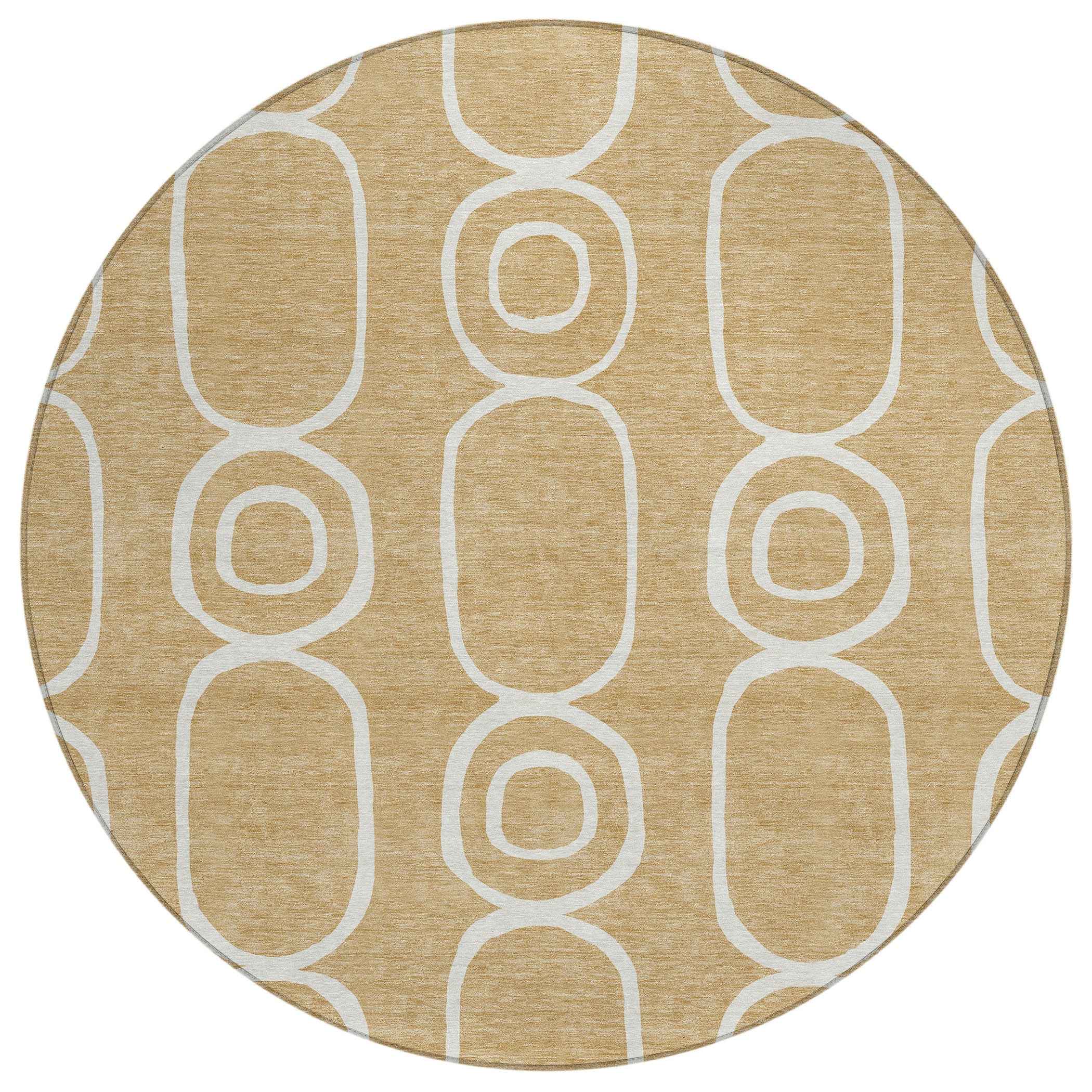8' Gold And Ivory Round Geometric Washable Indoor Outdoor Area Rug
