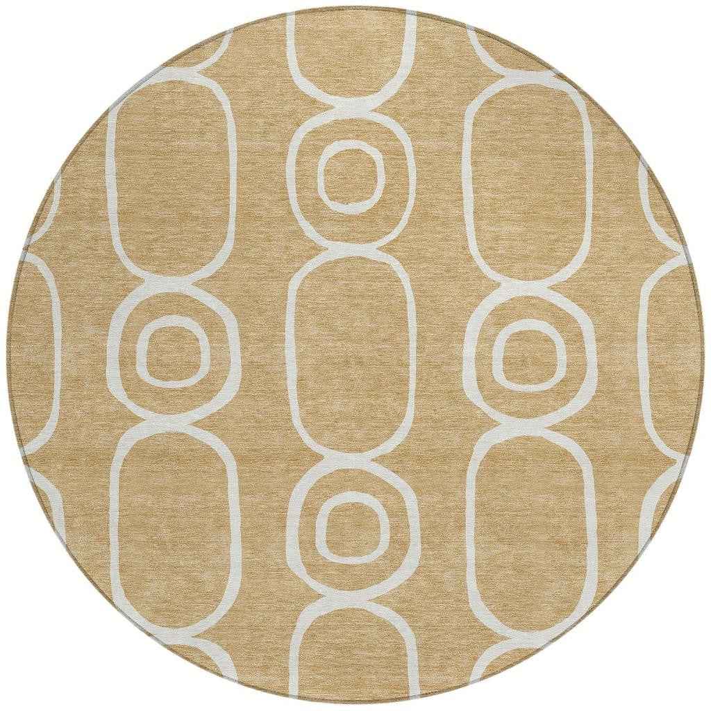 8' Gold And Ivory Round Geometric Washable Indoor Outdoor Area Rug
