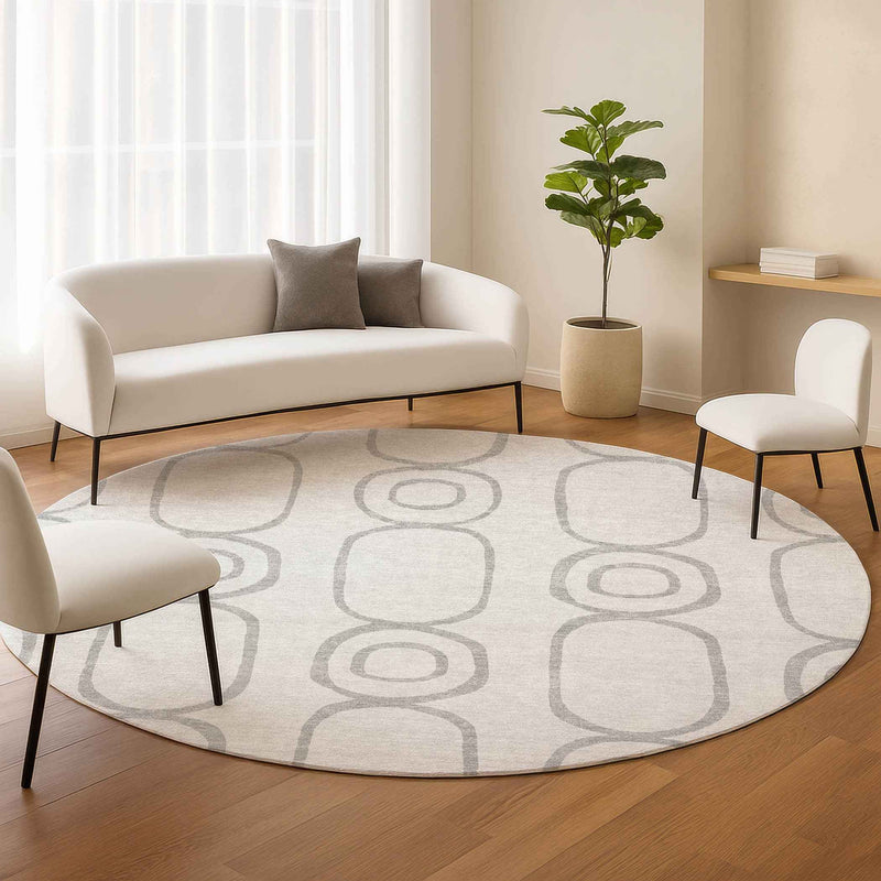8' Silver And Gray Round Geometric Washable Indoor Outdoor Area Rug