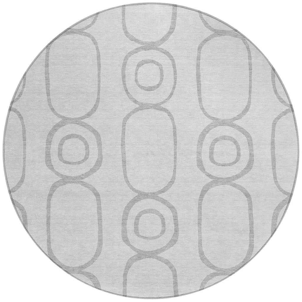 8' Silver And Gray Round Geometric Washable Indoor Outdoor Area Rug