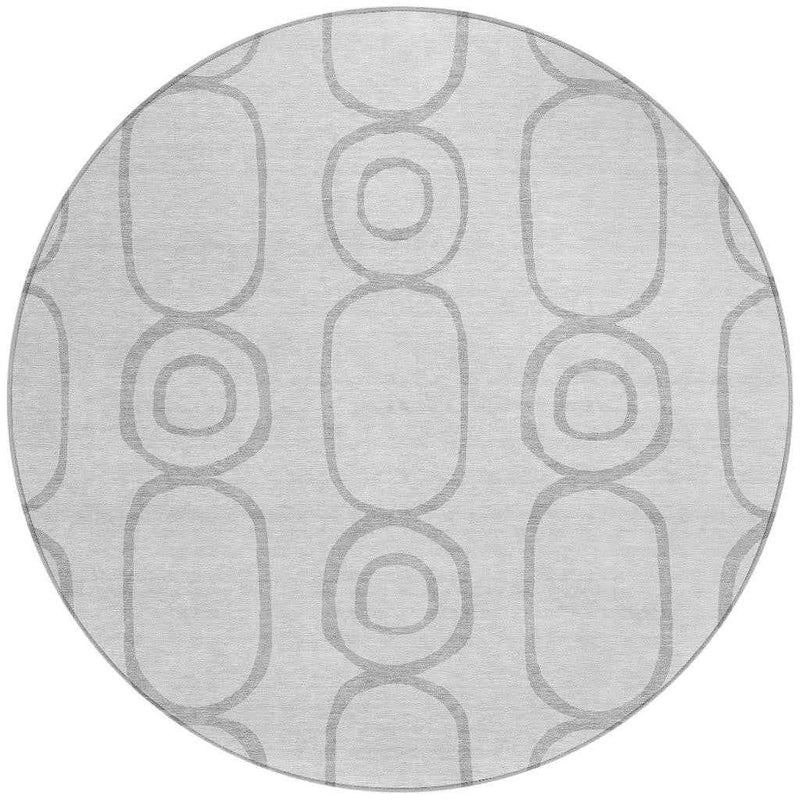 8' Silver And Gray Round Geometric Washable Indoor Outdoor Area Rug