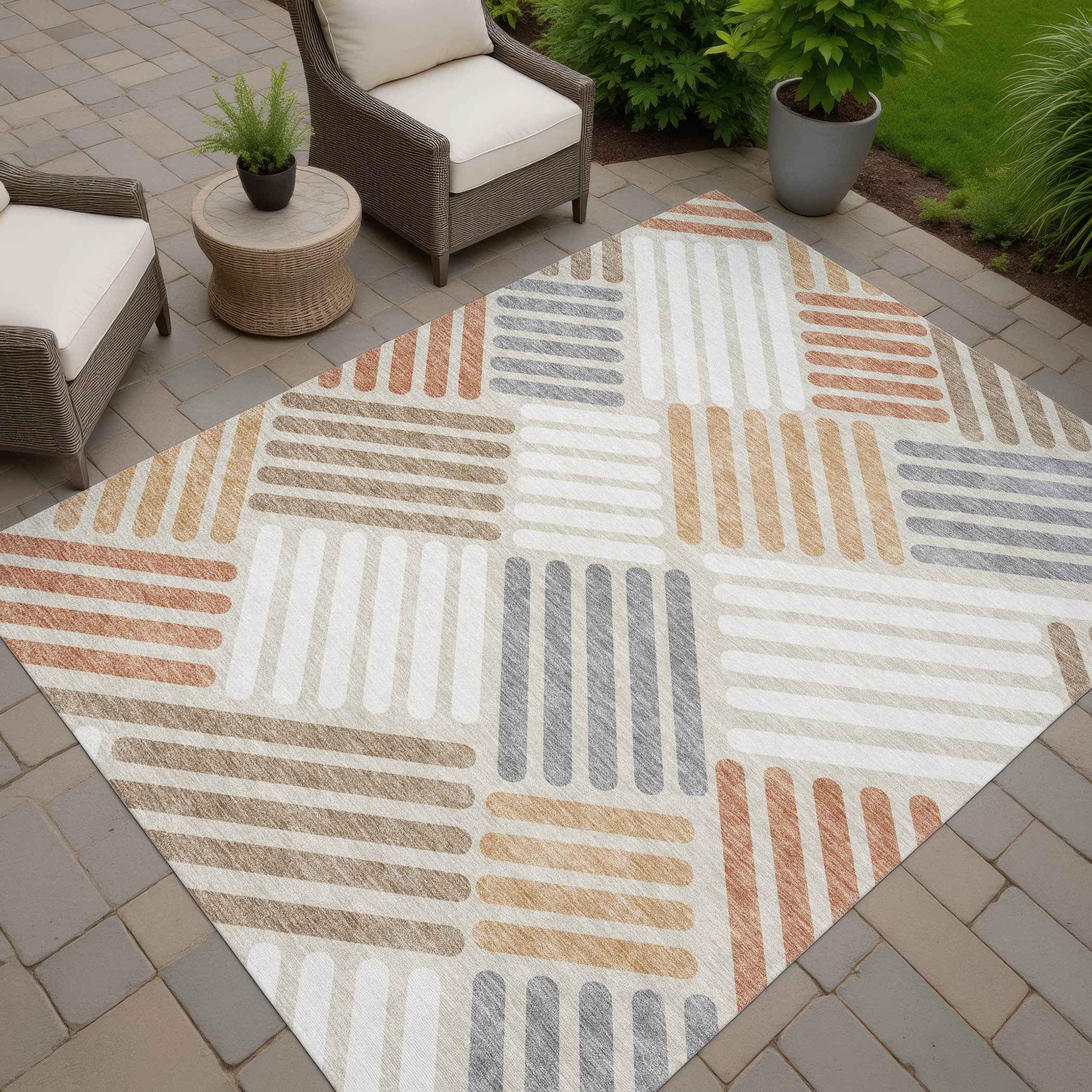 10' X 14' Copper Ivory And Rust Geometric Washable Indoor Outdoor Area Rug