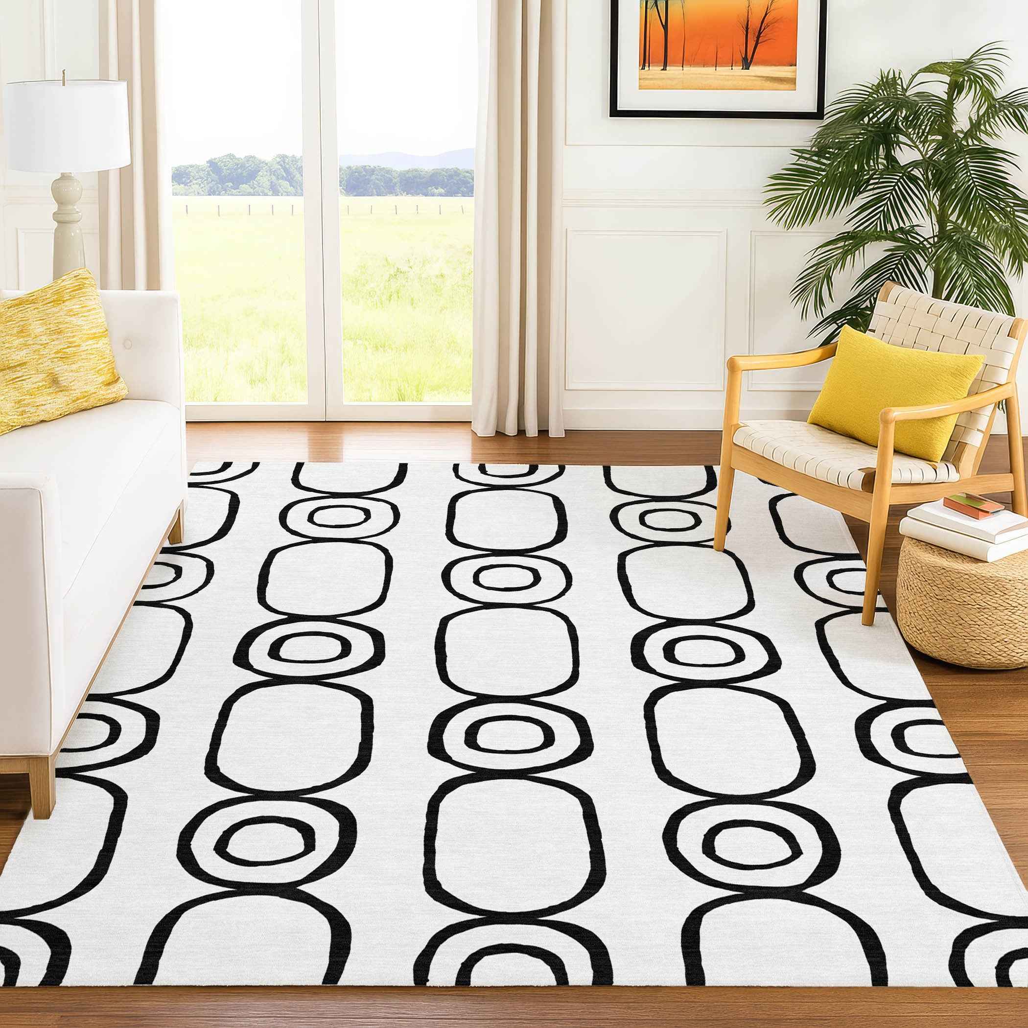 9' X 12' White And Black Geometric Washable Indoor Outdoor Area Rug