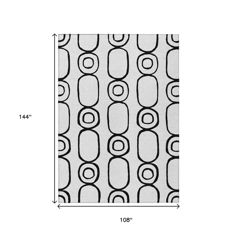 9' X 12' White And Black Geometric Washable Indoor Outdoor Area Rug
