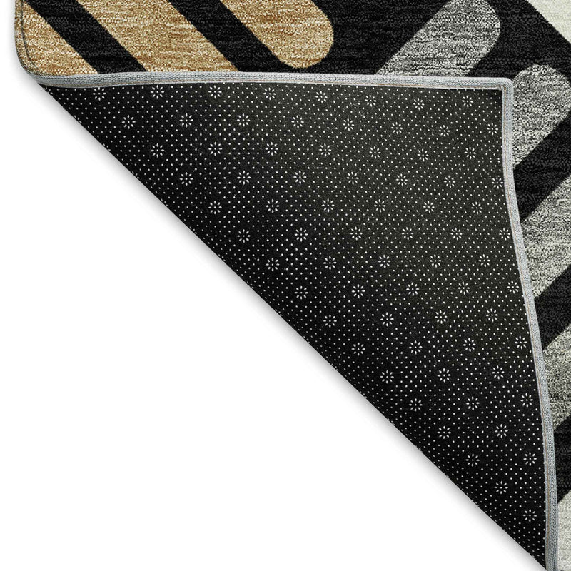 9' X 12' Black Beige And Ivory Geometric Washable Indoor Outdoor Area Rug