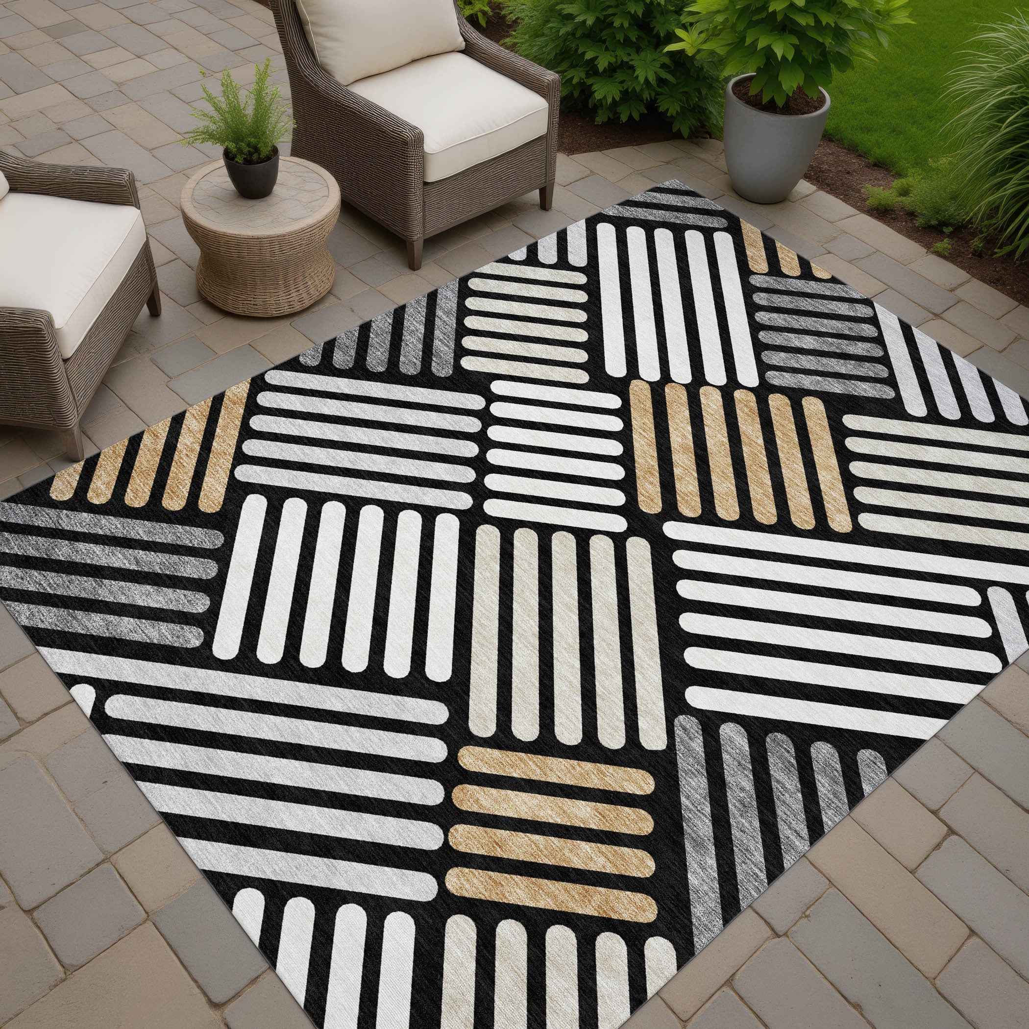 9' X 12' Black Beige And Ivory Geometric Washable Indoor Outdoor Area Rug