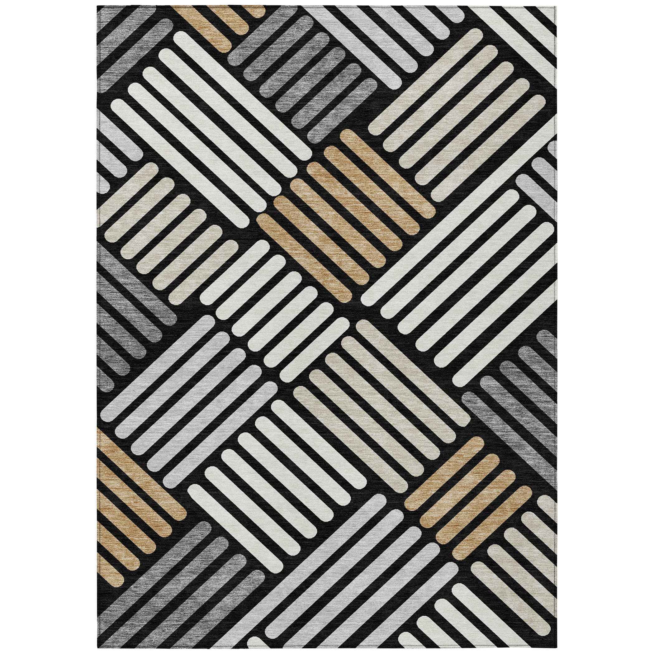 9' X 12' Black Beige And Ivory Geometric Washable Indoor Outdoor Area Rug
