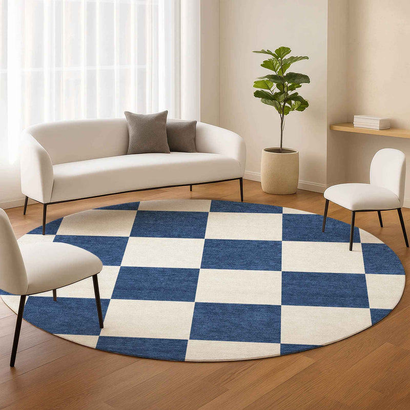 8' Navy Blue And Ivory Round Geometric Washable Indoor Outdoor Area Rug