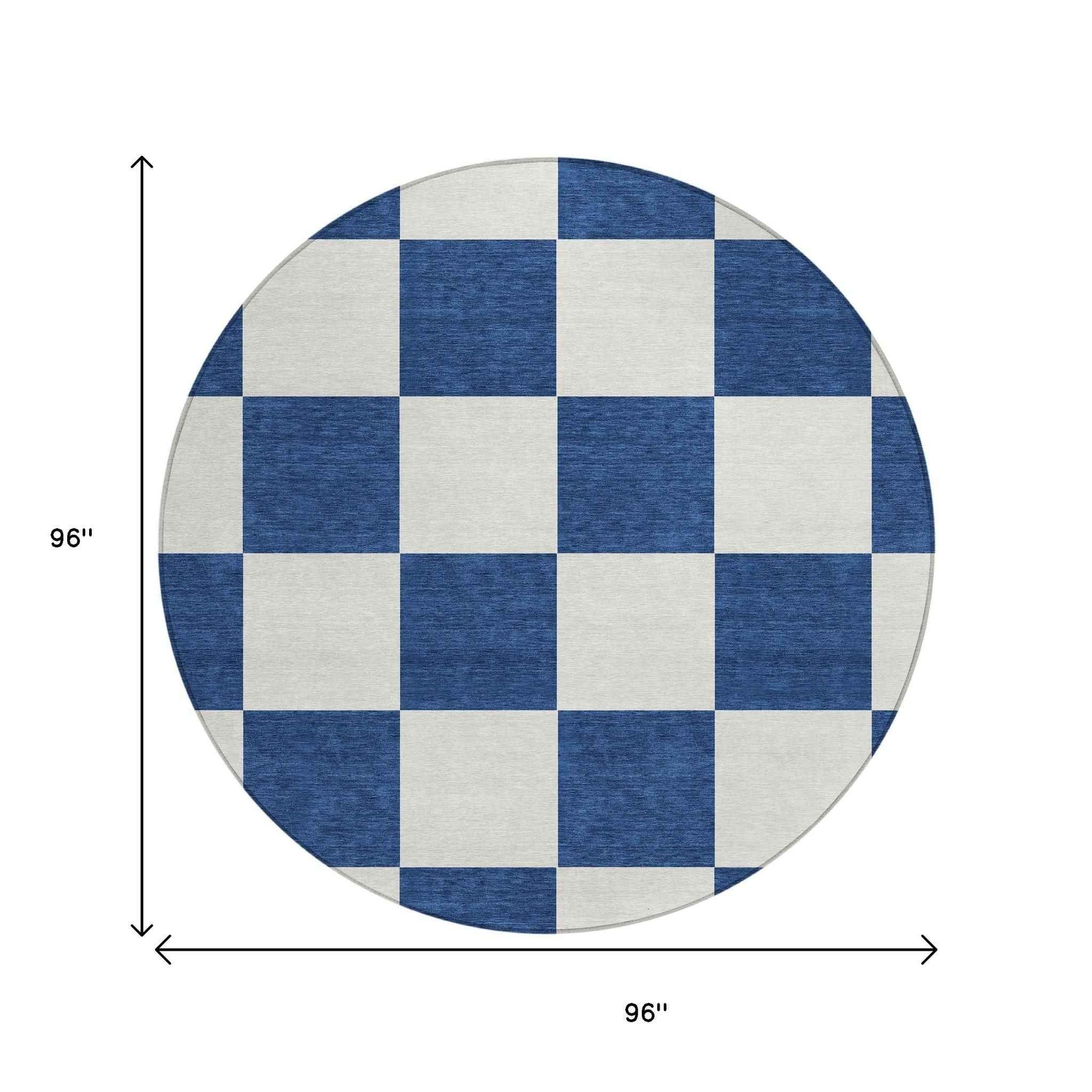 8' Navy Blue And Ivory Round Geometric Washable Indoor Outdoor Area Rug