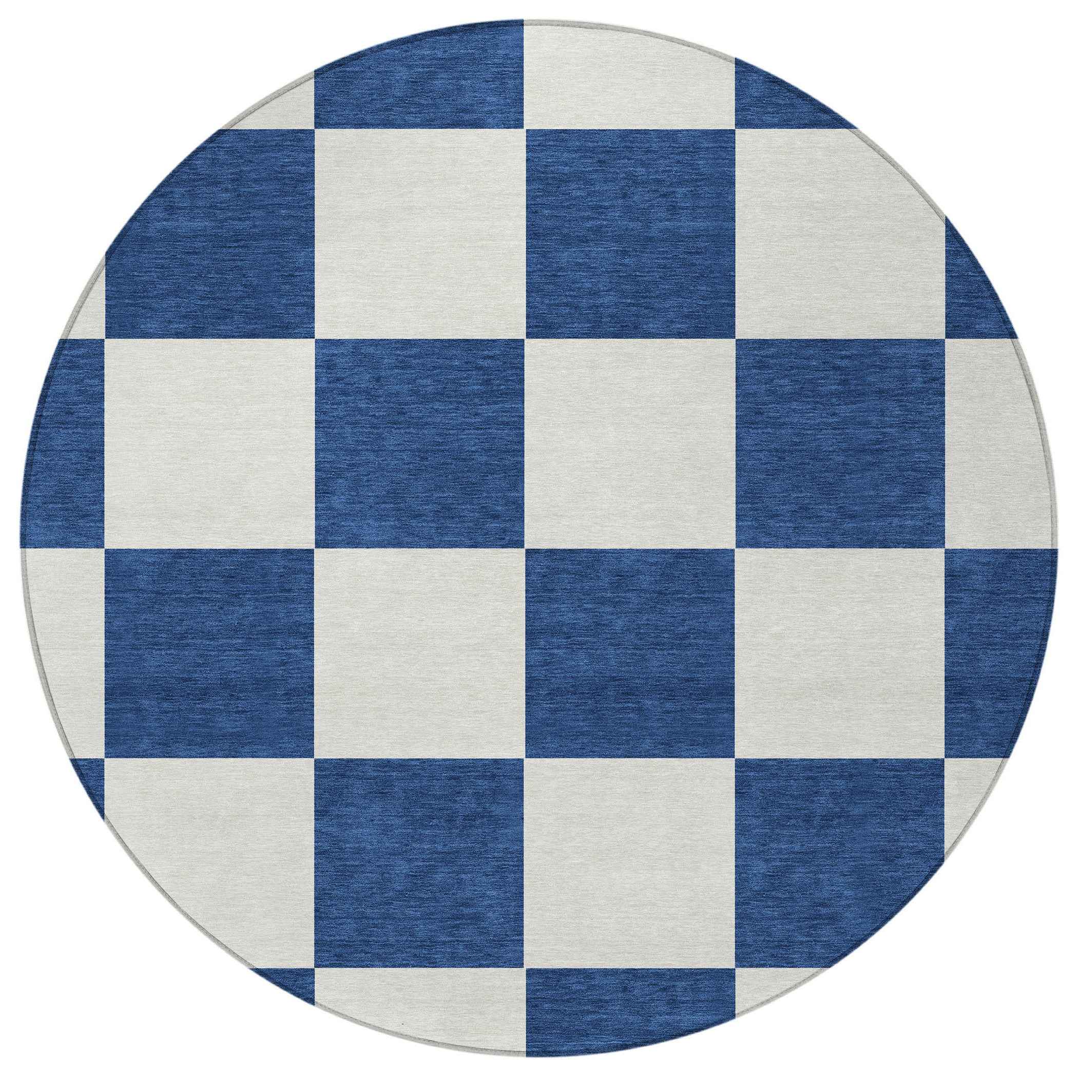 8' Navy Blue And Ivory Round Geometric Washable Indoor Outdoor Area Rug