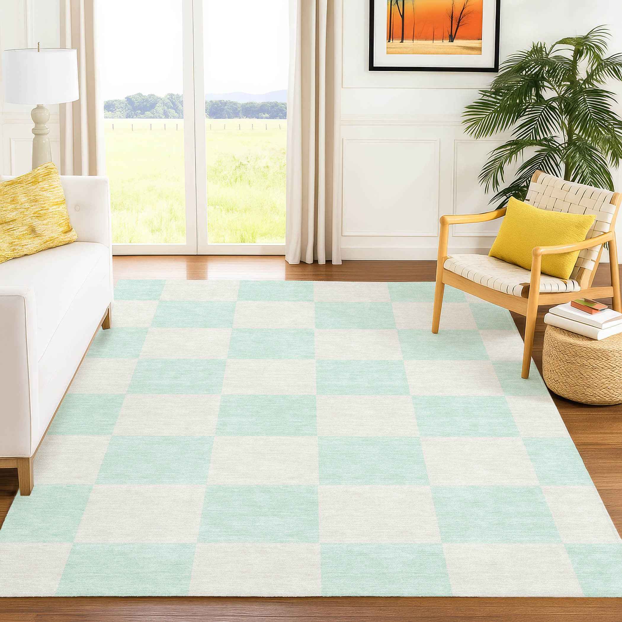 9' X 12' Mint Green And Ivory Geometric Washable Indoor Outdoor Area Rug