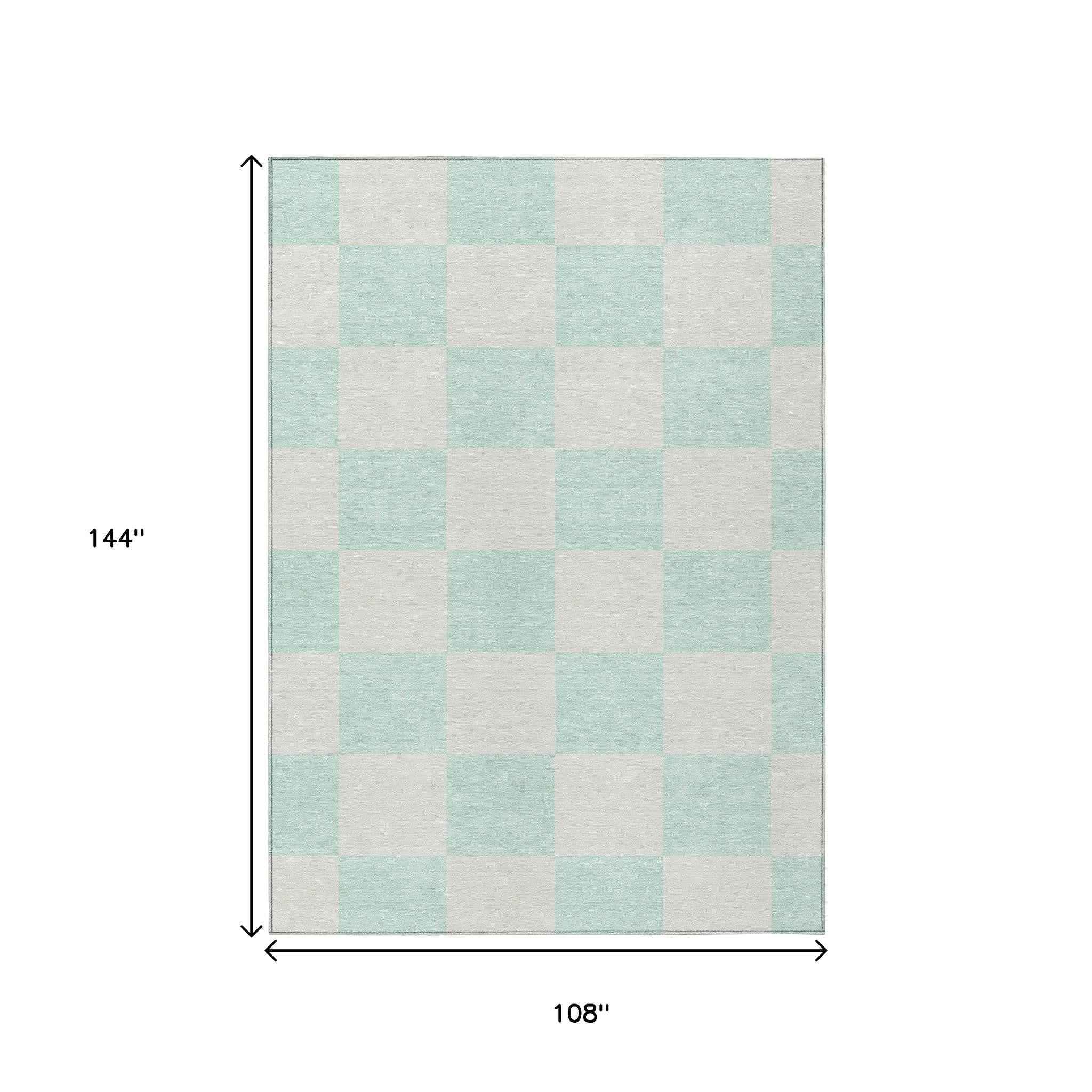 9' X 12' Mint Green And Ivory Geometric Washable Indoor Outdoor Area Rug