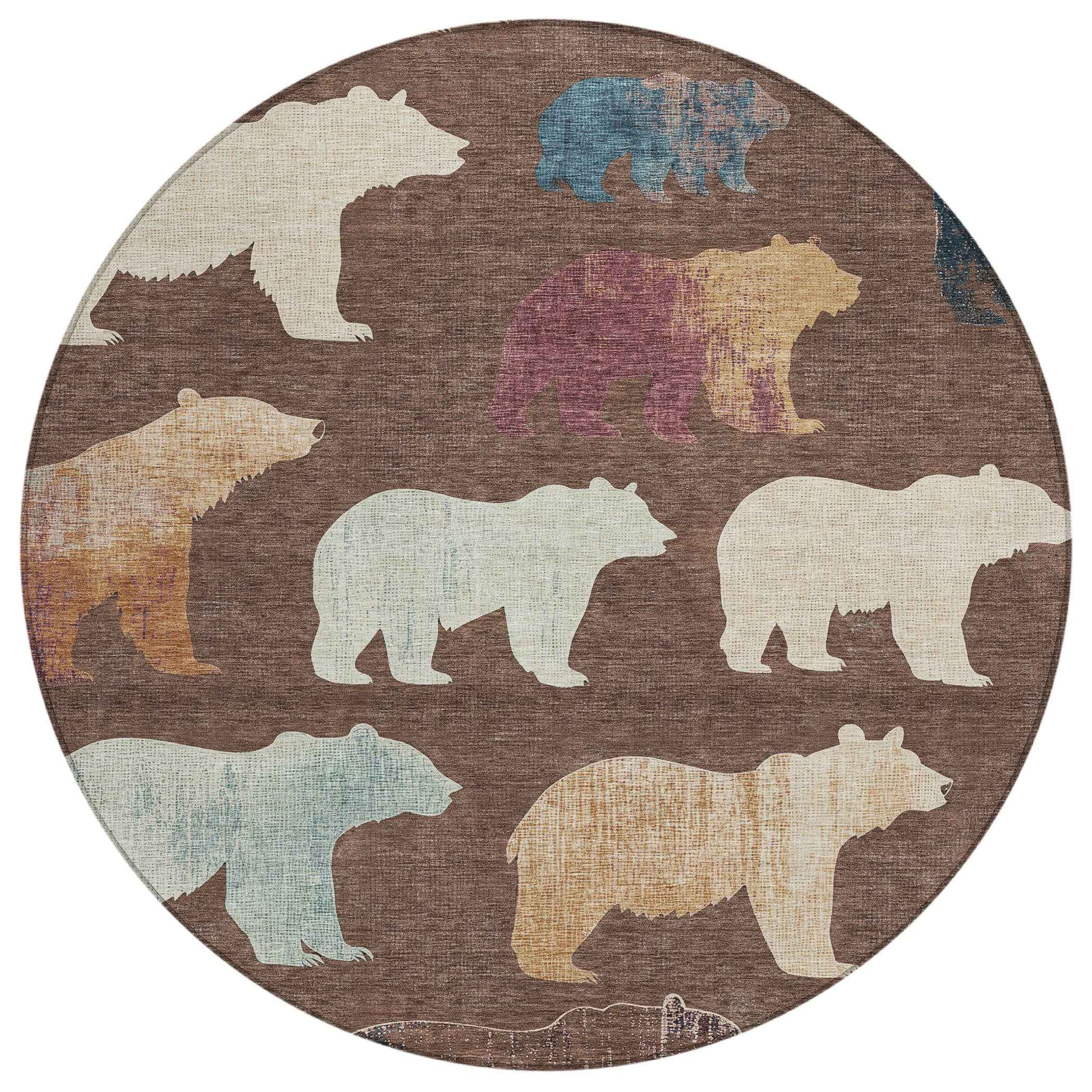 8' Chocolate Ivory And Blue Round Animal Print Washable Indoor Outdoor Area Rug