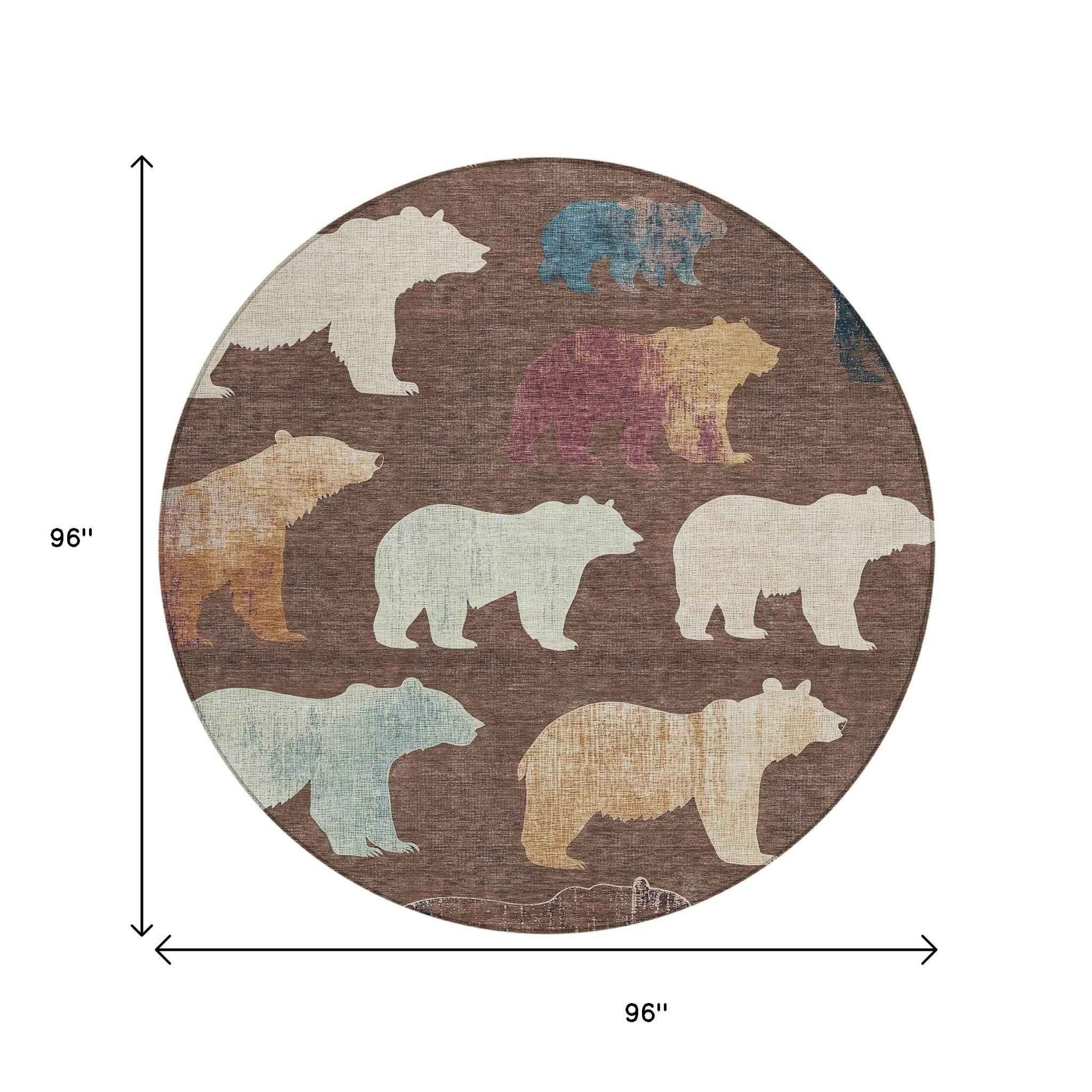 8' Chocolate Ivory And Blue Round Animal Print Washable Indoor Outdoor Area Rug