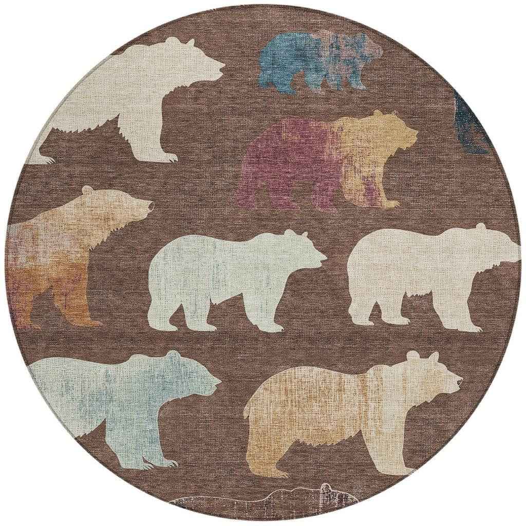 8' Chocolate Ivory And Blue Round Animal Print Washable Indoor Outdoor Area Rug