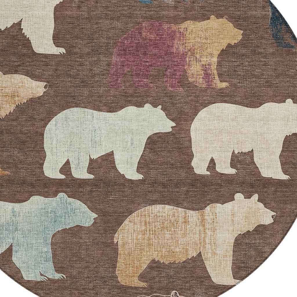 8' Chocolate Ivory And Blue Round Animal Print Washable Indoor Outdoor Area Rug