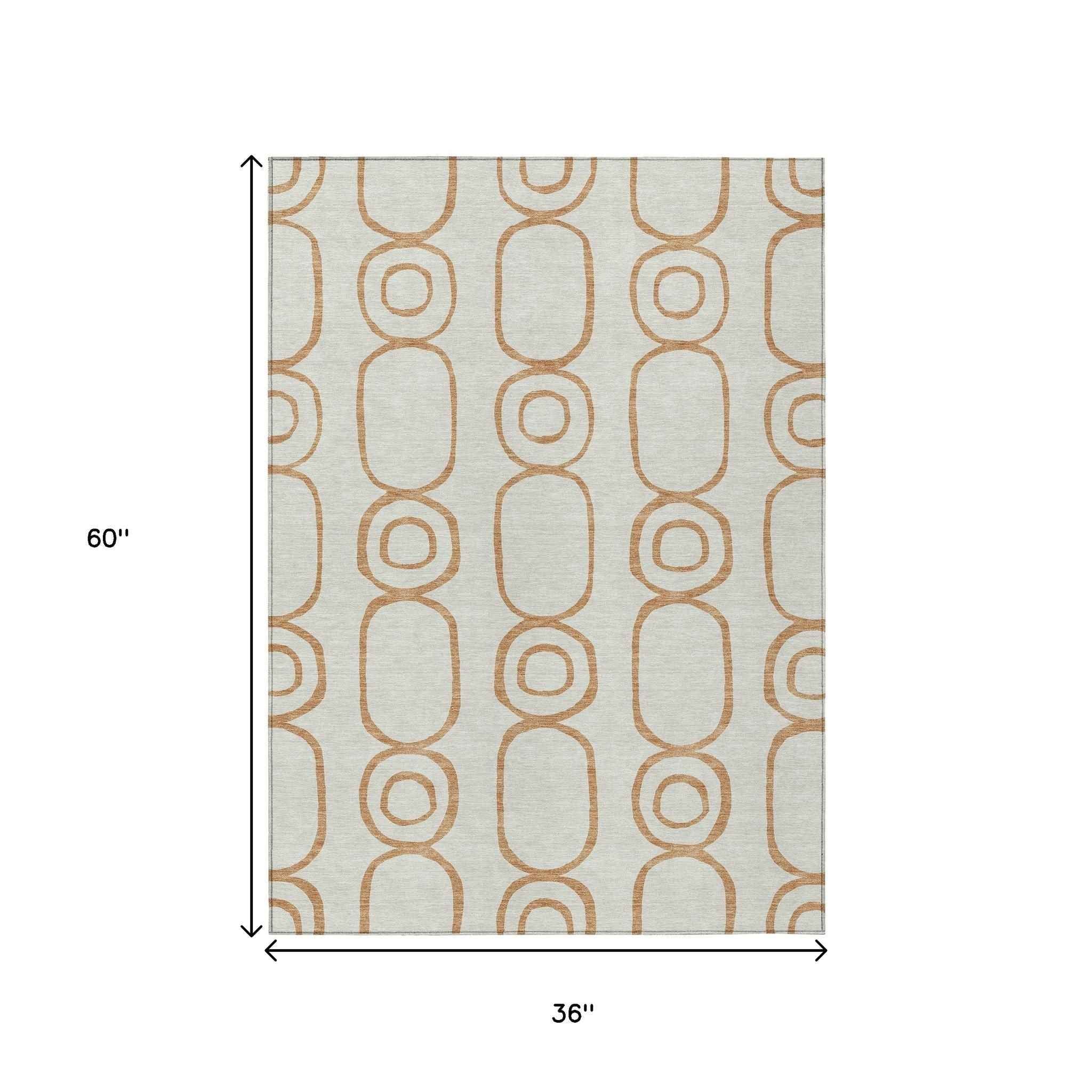 3' X 5' Copper And Ivory Geometric Washable Indoor Outdoor Area Rug
