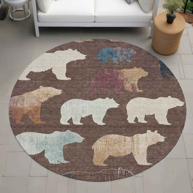 8' Chocolate Ivory And Blue Round Animal Print Washable Indoor Outdoor Area Rug