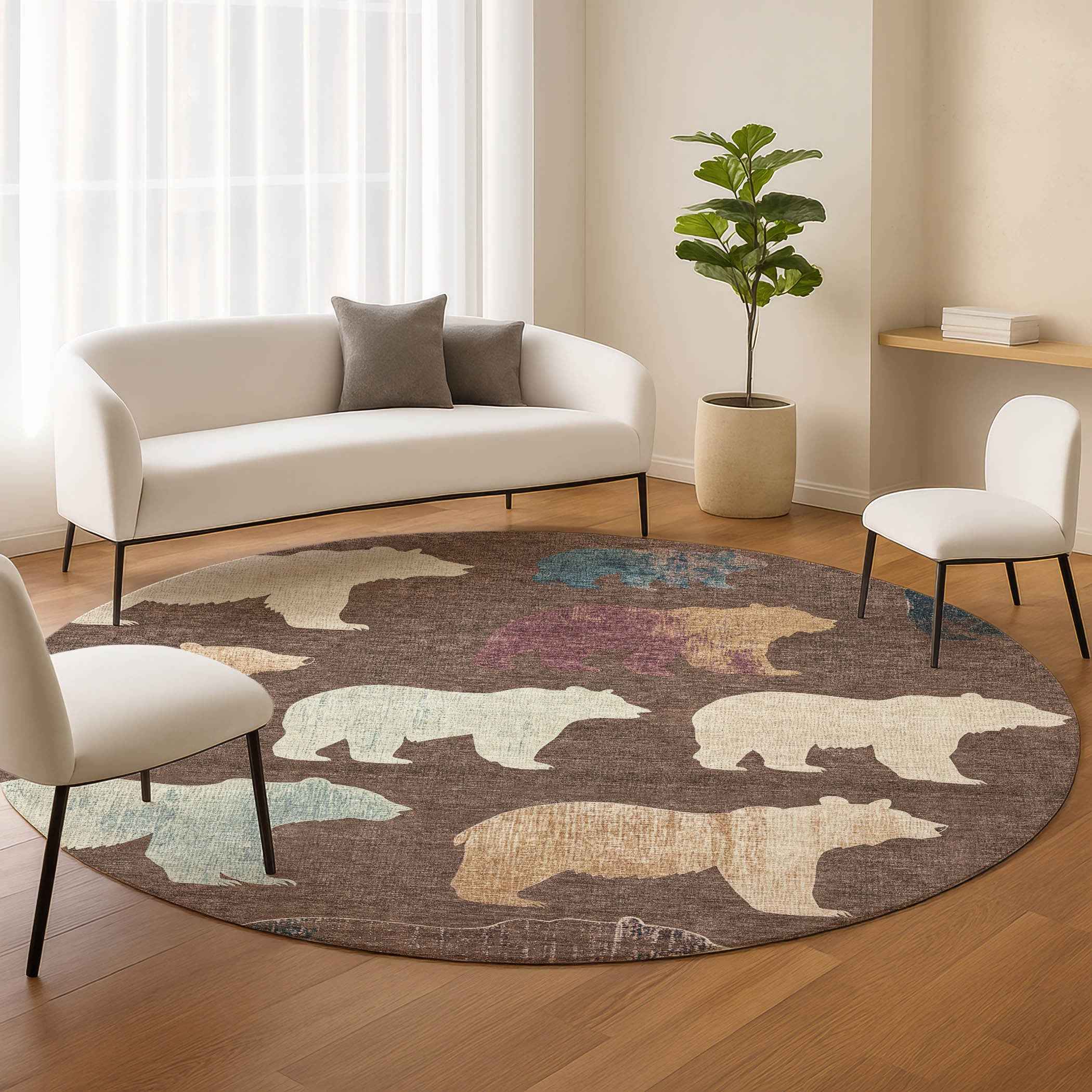 8' Chocolate Ivory And Blue Round Animal Print Washable Indoor Outdoor Area Rug