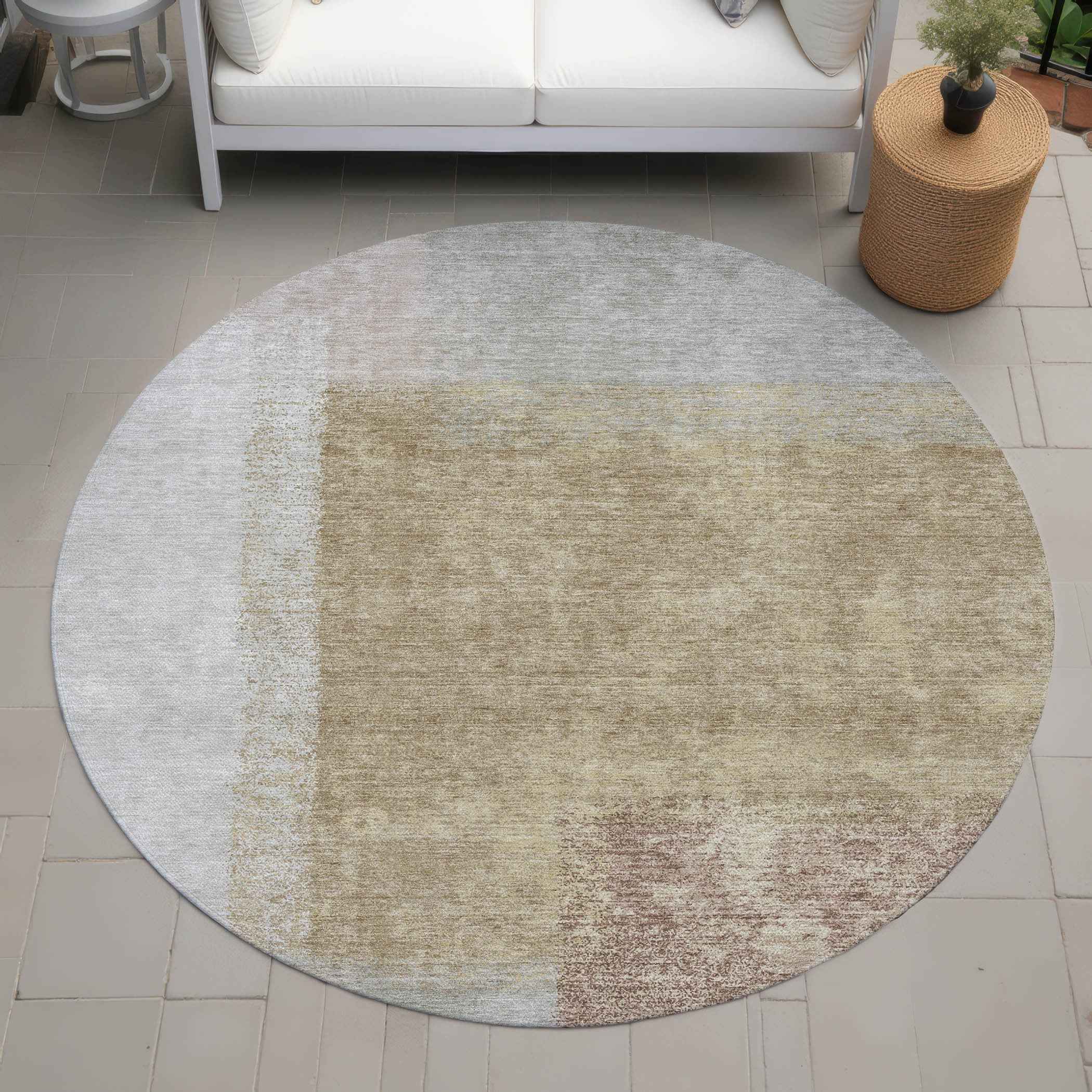 8' Gold Ivory And Gray Round Abstract Washable Indoor Outdoor Area Rug