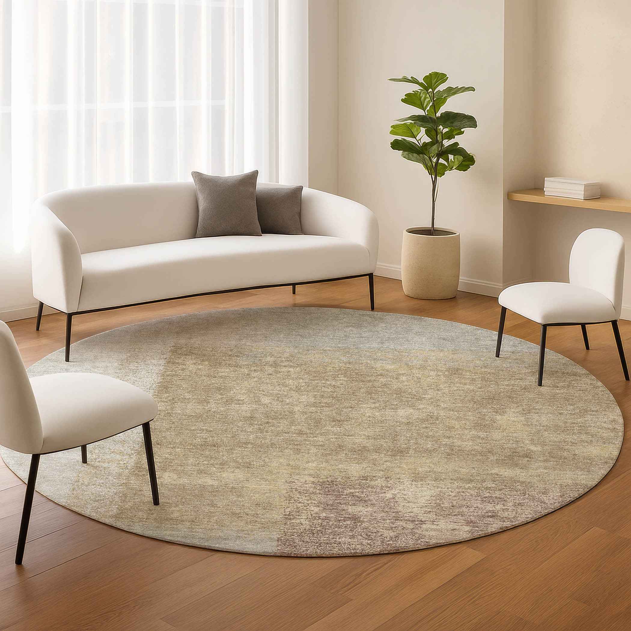 8' Gold Ivory And Gray Round Abstract Washable Indoor Outdoor Area Rug