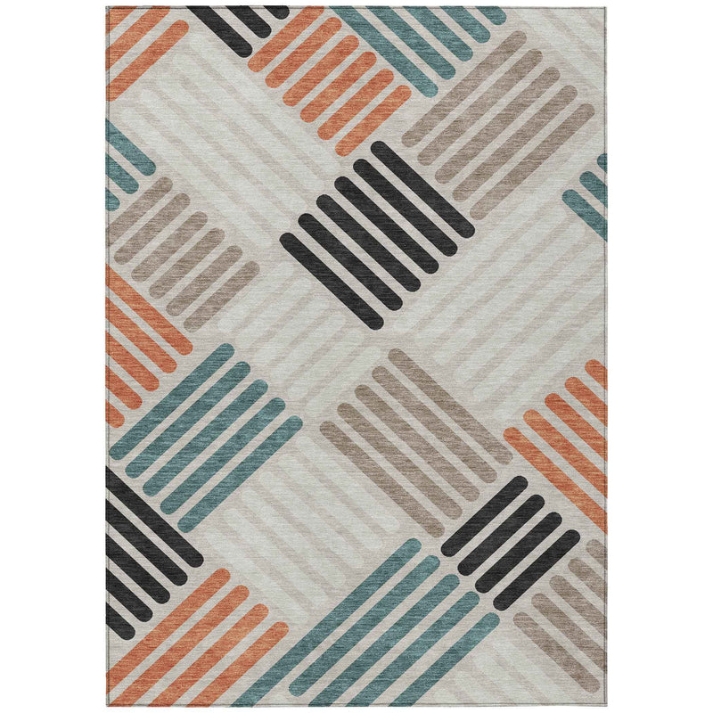 3' X 5' Sand Ivory And Black Geometric Washable Indoor Outdoor Area Rug