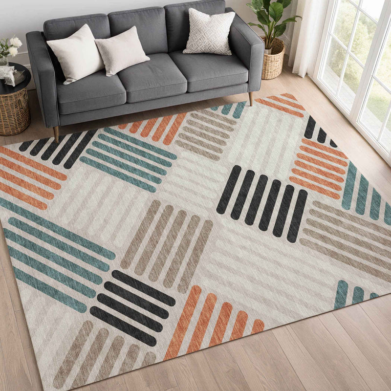 3' X 5' Sand Ivory And Black Geometric Washable Indoor Outdoor Area Rug