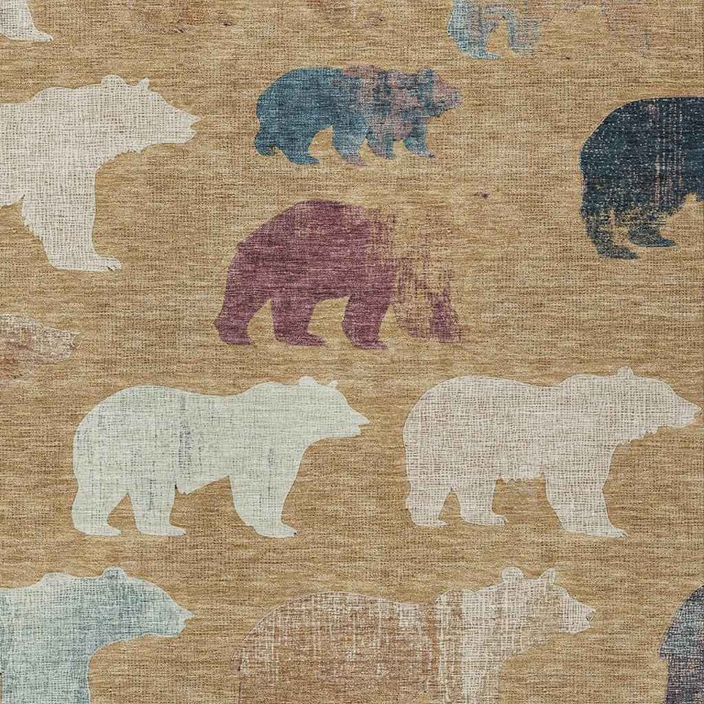 3' X 5' Gold Ivory And Blue Animal Print Washable Indoor Outdoor Area Rug