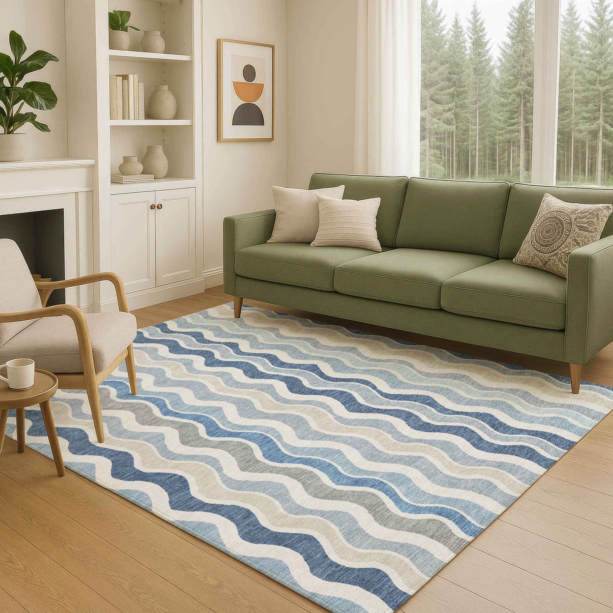 8' X 10' Blue Khaki And Ivory Striped Washable Indoor Outdoor Area Rug