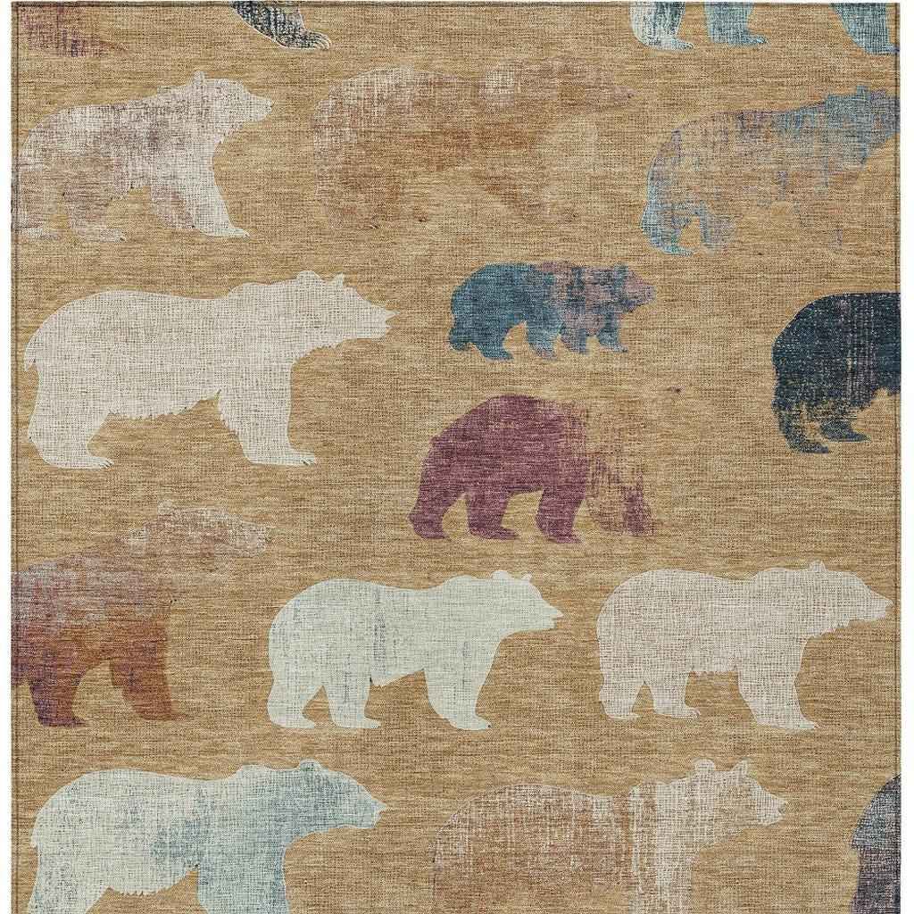 3' X 5' Gold Ivory And Blue Animal Print Washable Indoor Outdoor Area Rug