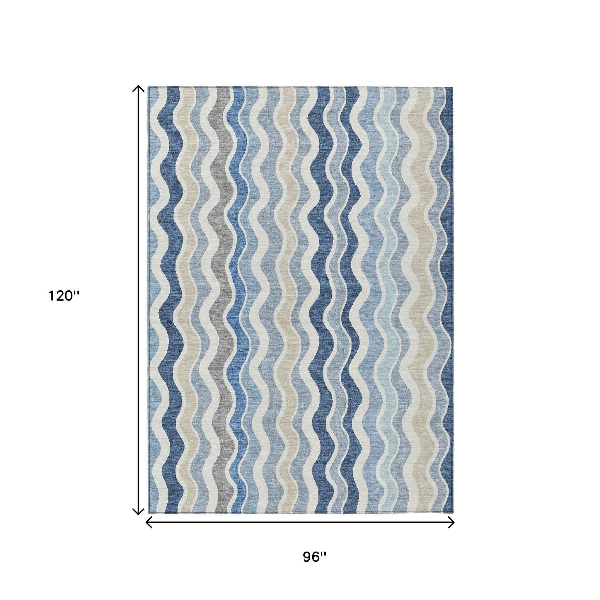 8' X 10' Blue Khaki And Ivory Striped Washable Indoor Outdoor Area Rug