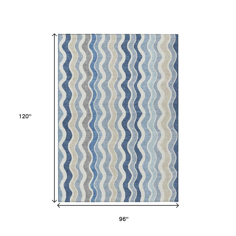 8' X 10' Blue Khaki And Ivory Striped Washable Indoor Outdoor Area Rug