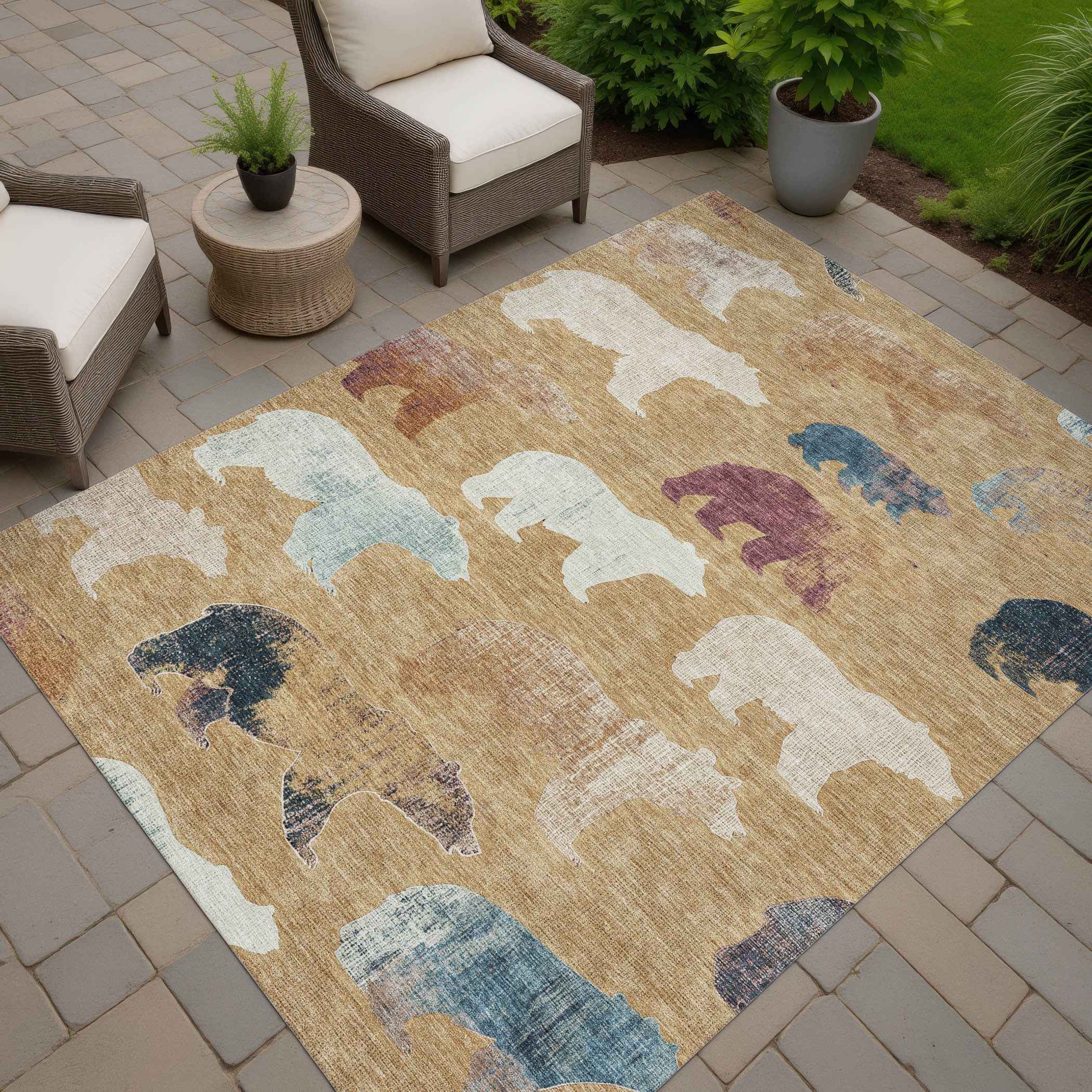 3' X 5' Gold Ivory And Blue Animal Print Washable Indoor Outdoor Area Rug