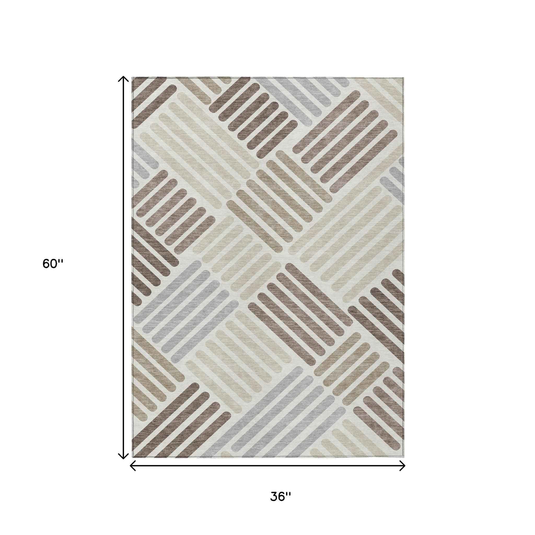 3' X 5' Ivory Beige And Brown Geometric Washable Indoor Outdoor Area Rug