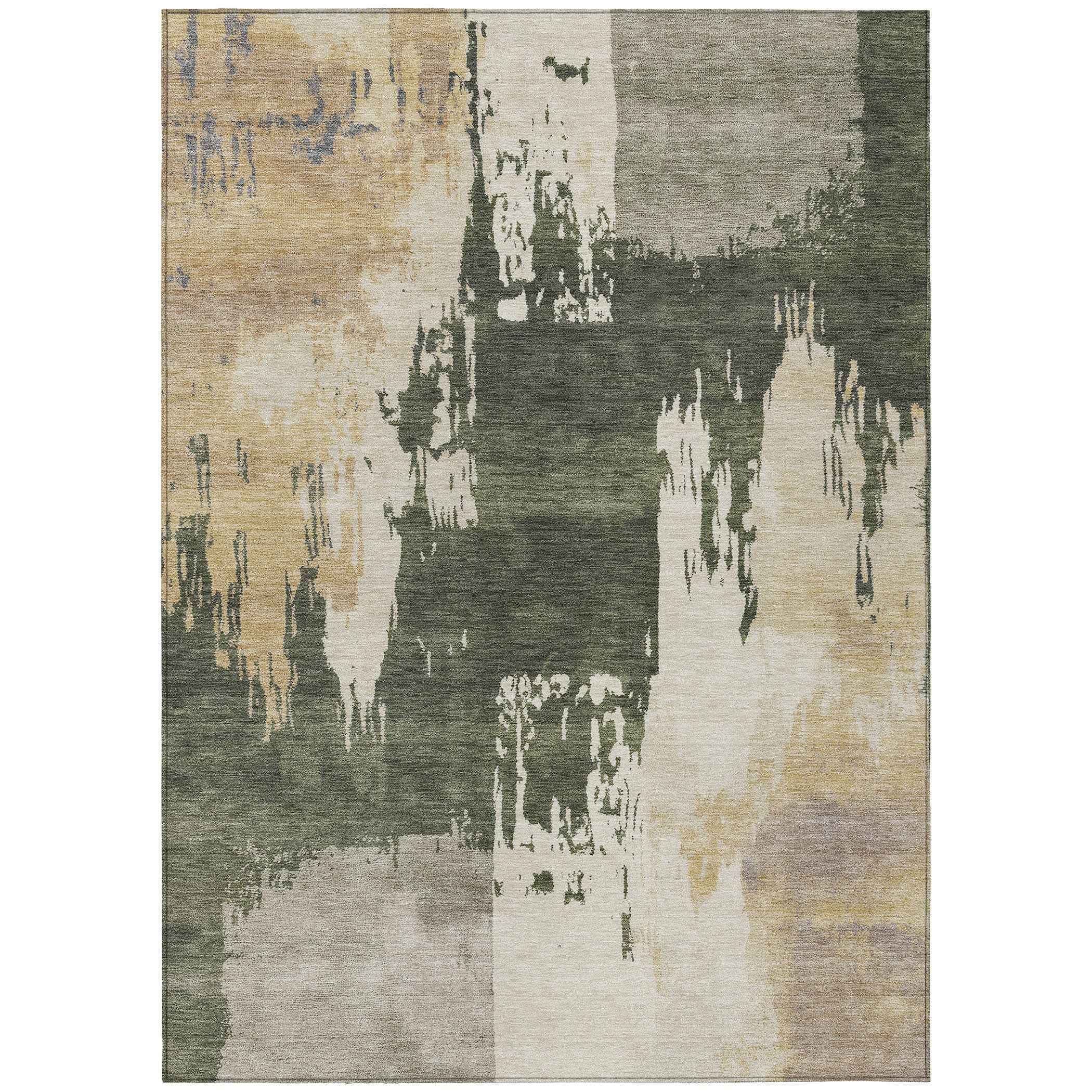 5' X 8' Olive Green Ivory And Tan Abstract Washable Indoor Outdoor Area Rug
