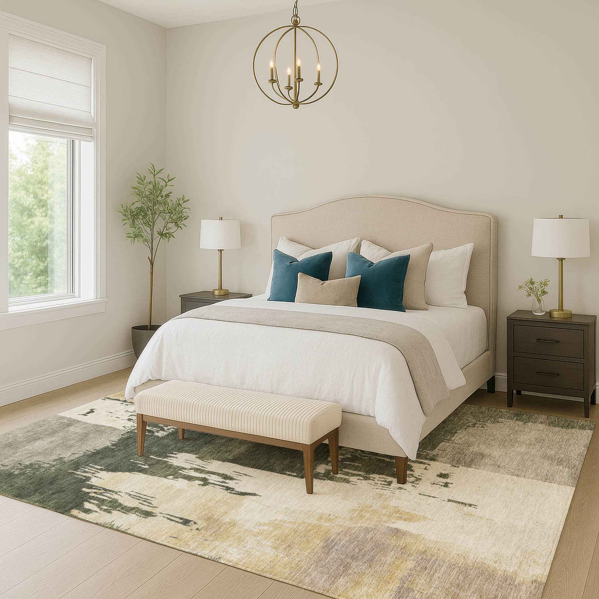 5' X 8' Olive Green Ivory And Tan Abstract Washable Indoor Outdoor Area Rug