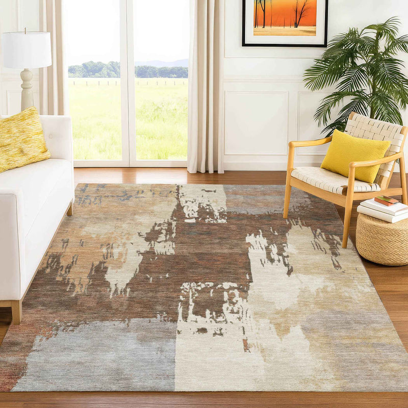 8' X 10' Rust Ivory And Gray Abstract Washable Indoor Outdoor Area Rug